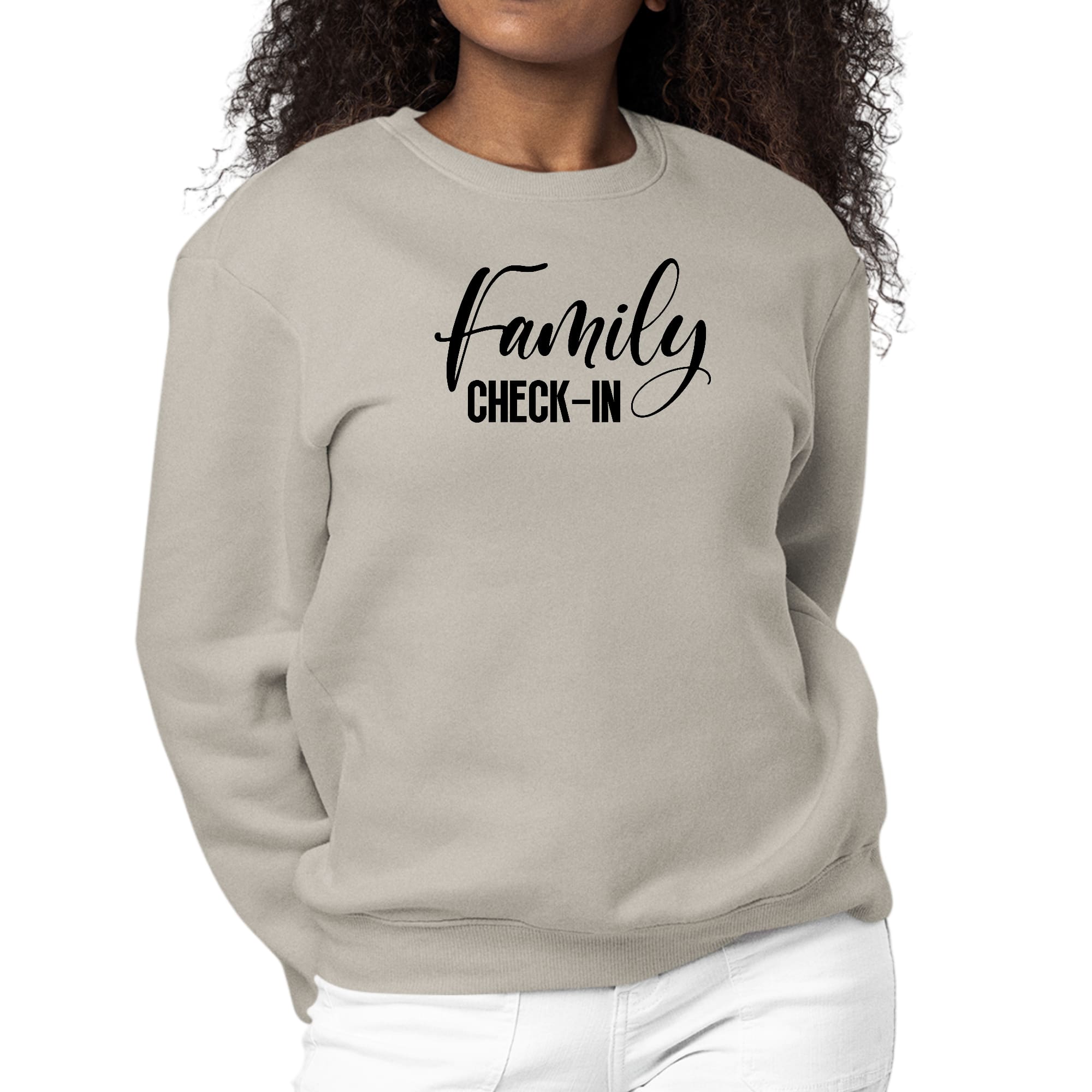 Women's graphic sweatshirt with Family Check-in illustration in black print, featuring long sleeves and a comfortable crewneck design.