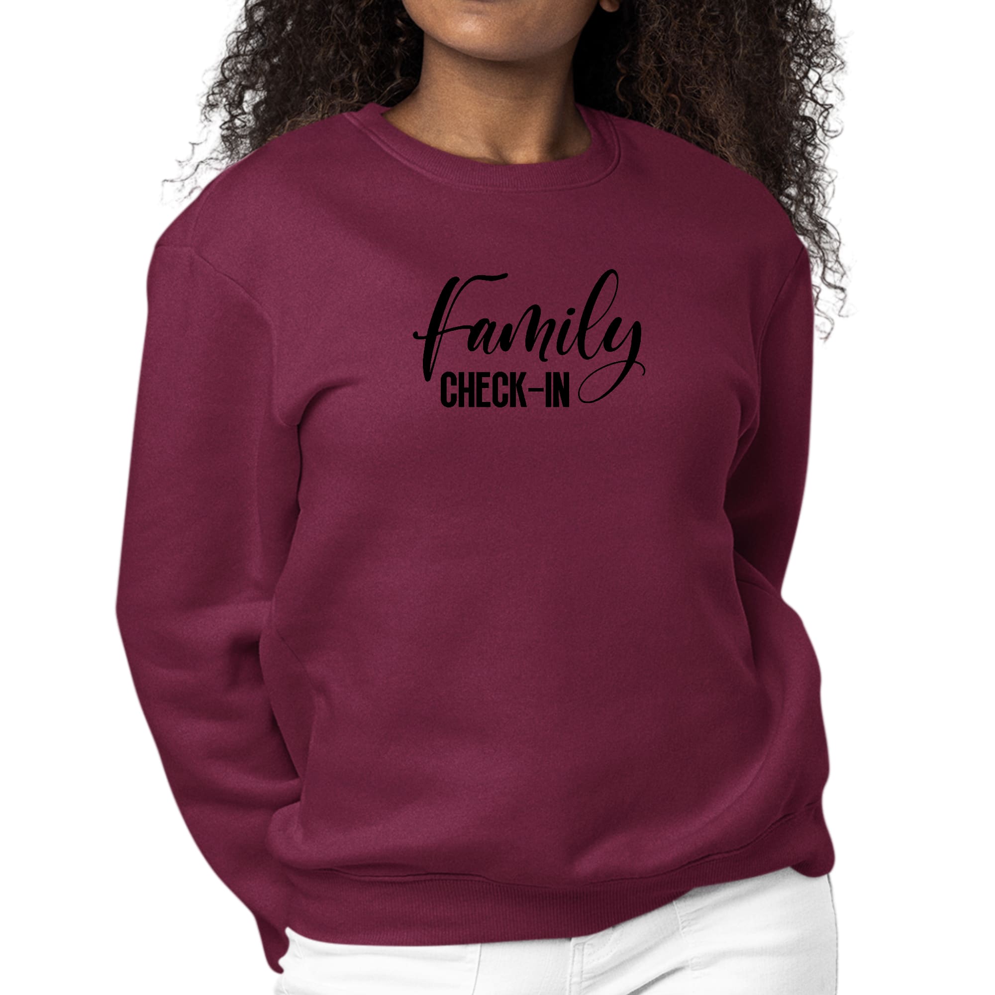 Women's graphic sweatshirt with Family Check-in illustration in black print, featuring long sleeves and a comfortable crewneck design.