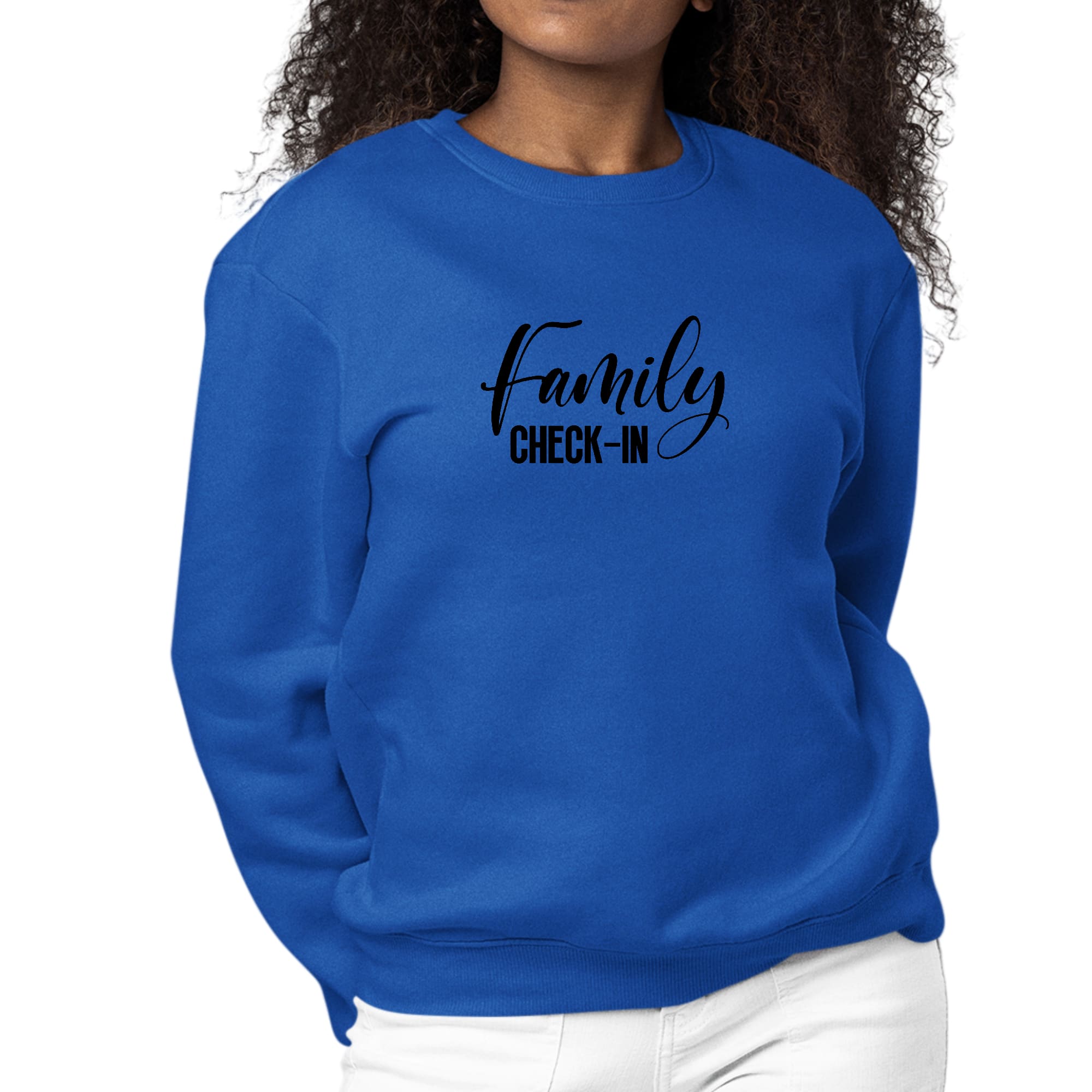 Women's graphic sweatshirt with Family Check-in illustration in black print, featuring long sleeves and a comfortable crewneck design.