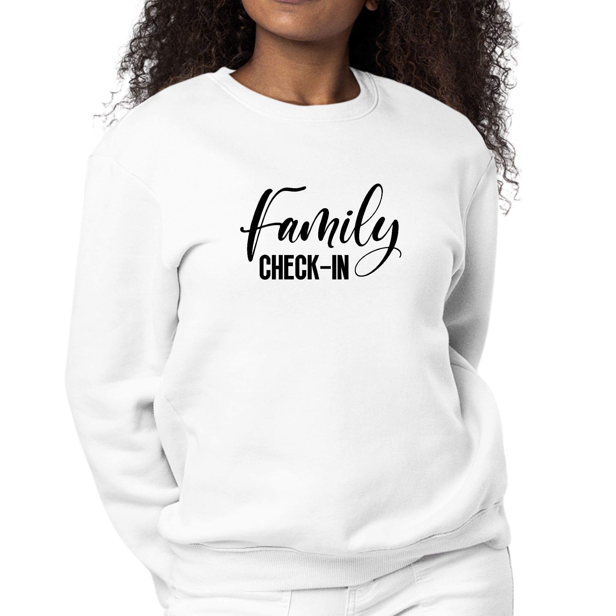 Women's graphic sweatshirt with Family Check-in illustration in black print, featuring long sleeves and a comfortable crewneck design.