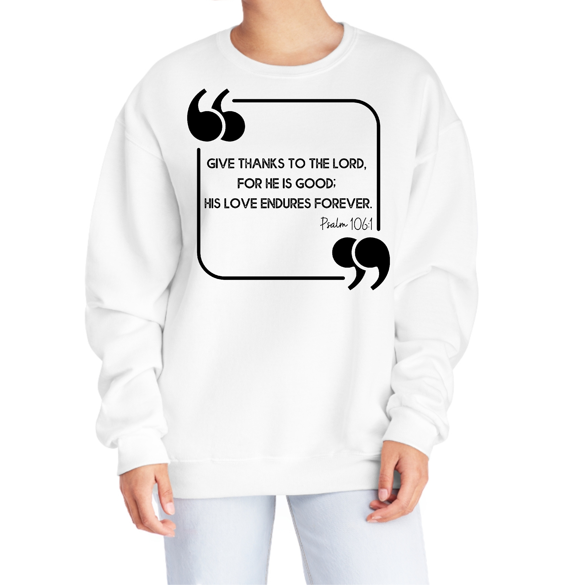 Womens Graphic Sweatshirt featuring 'Give Thanks to the Lord' black illustration, showcasing a comfortable and stylish design.