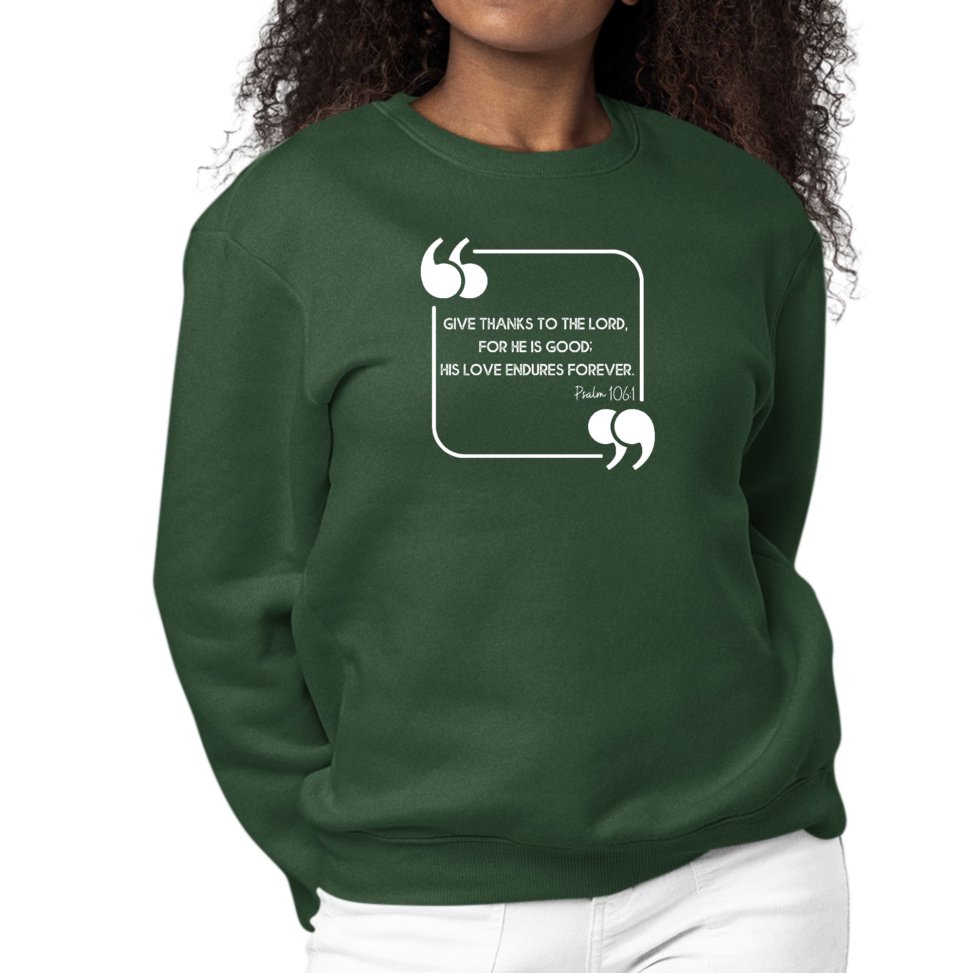 Women's Graphic Sweatshirt featuring 'Give Thanks to the Lord' design, made from soft and durable fabric.