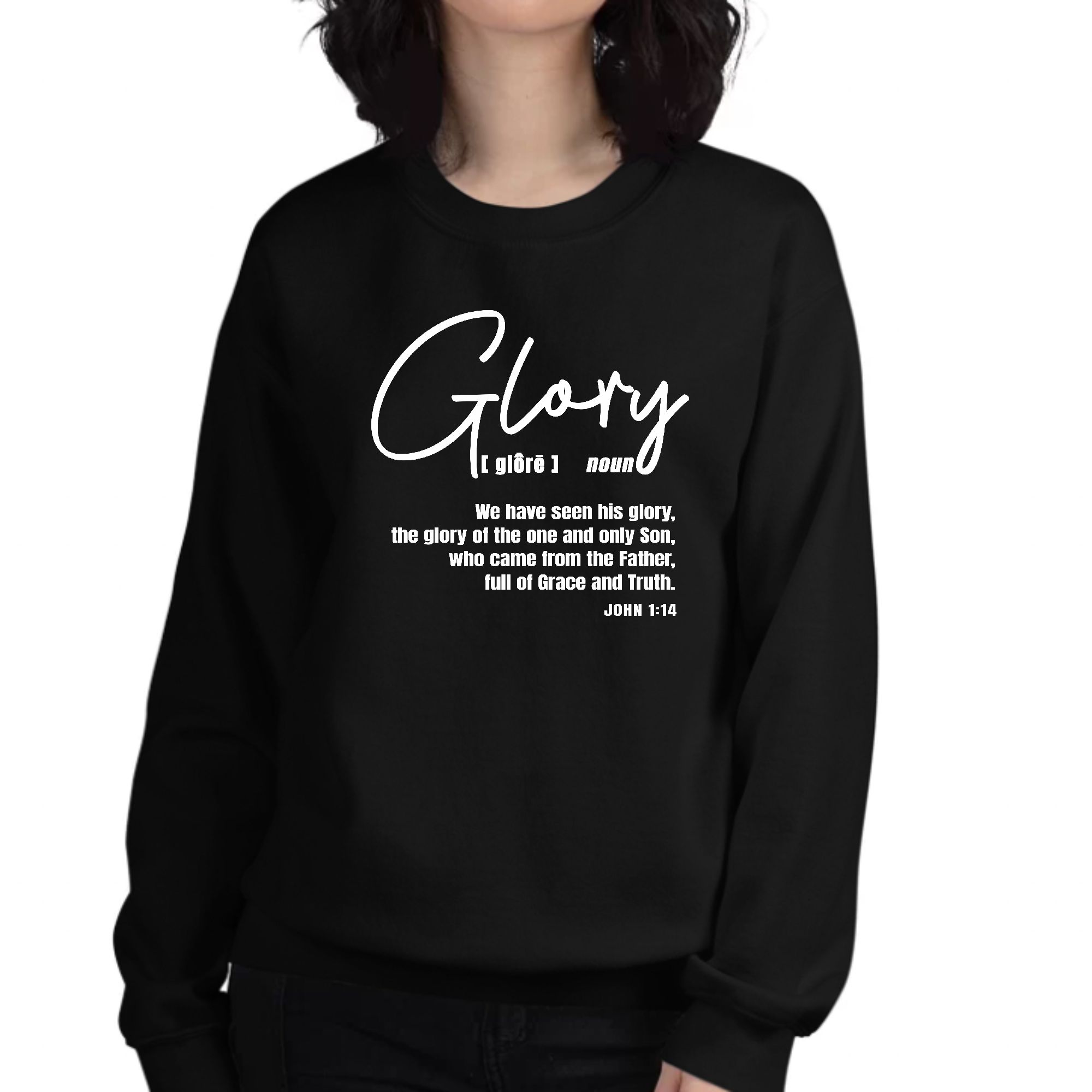 Women's Graphic Sweatshirt Glory featuring Christian inspiration, showcasing a soft fabric and stylish design.