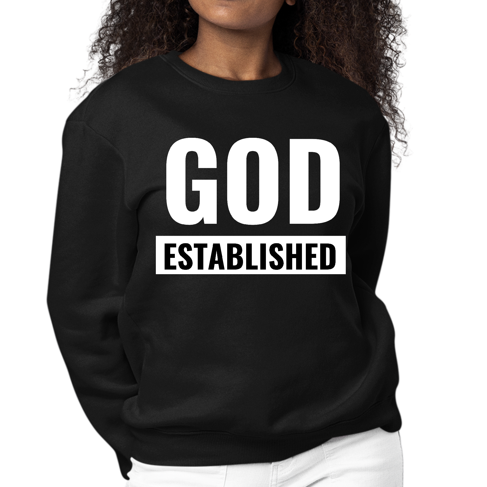 Women's long sleeve graphic sweatshirt featuring 'God Established' design, made from durable cotton/polyester blend.