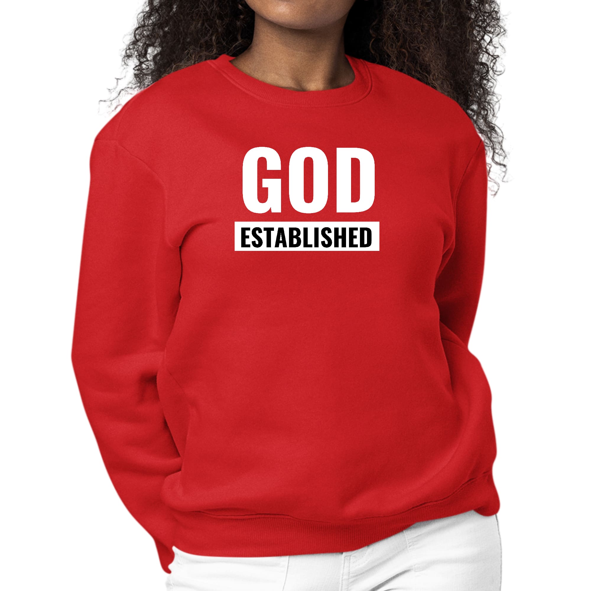 Women's long sleeve graphic sweatshirt featuring 'God Established' design, made from durable cotton/polyester blend.