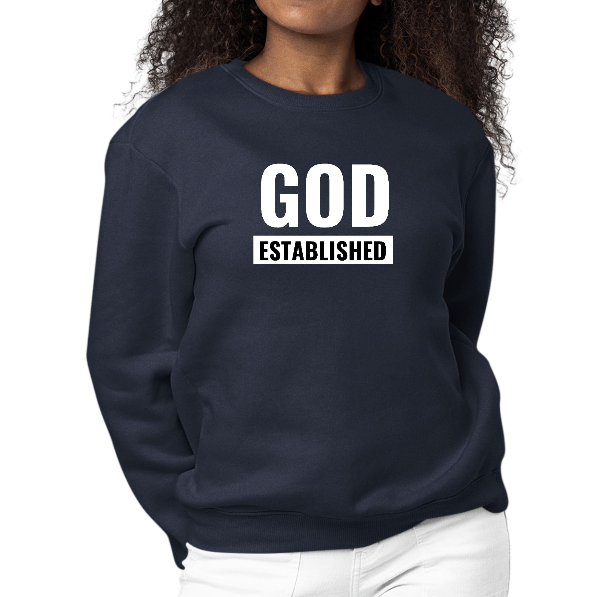 Women's long sleeve graphic sweatshirt featuring 'God Established' design, made from durable cotton/polyester blend.