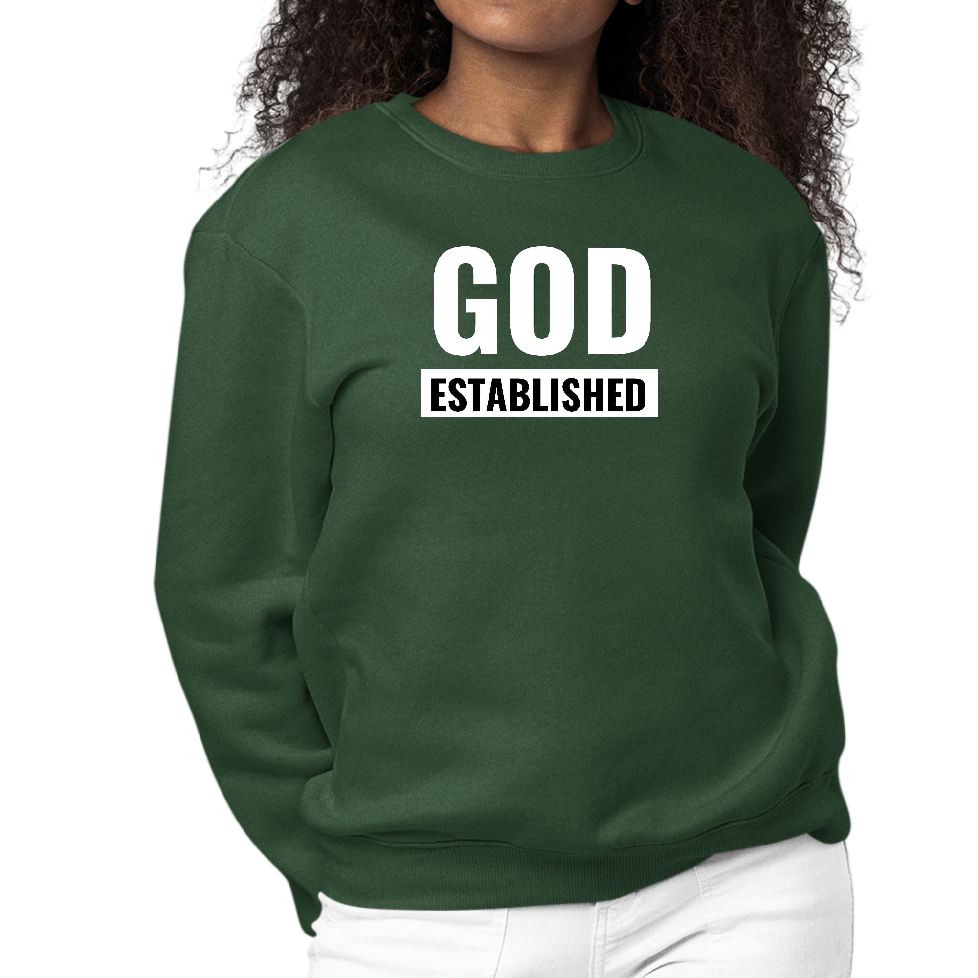 Women's long sleeve graphic sweatshirt featuring 'God Established' design, made from durable cotton/polyester blend.