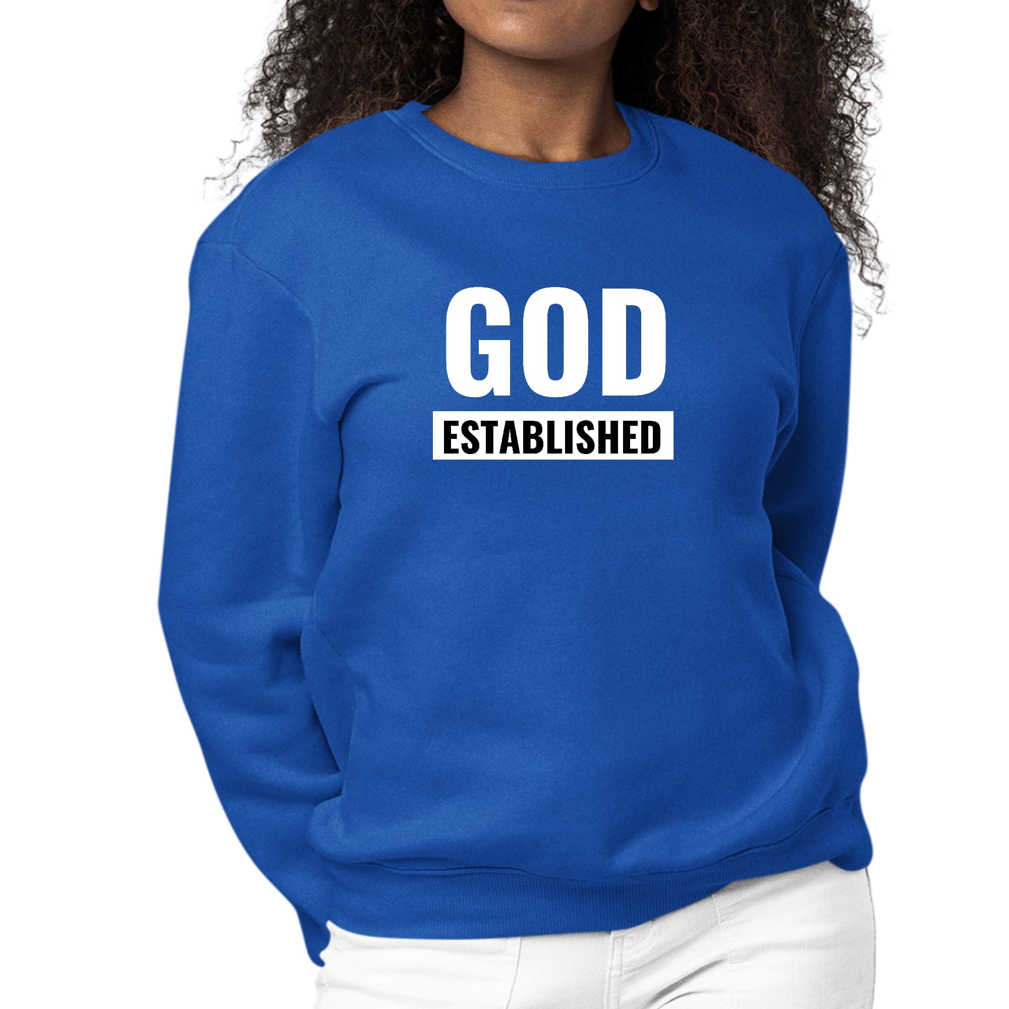 Women's long sleeve graphic sweatshirt featuring 'God Established' design, made from durable cotton/polyester blend.