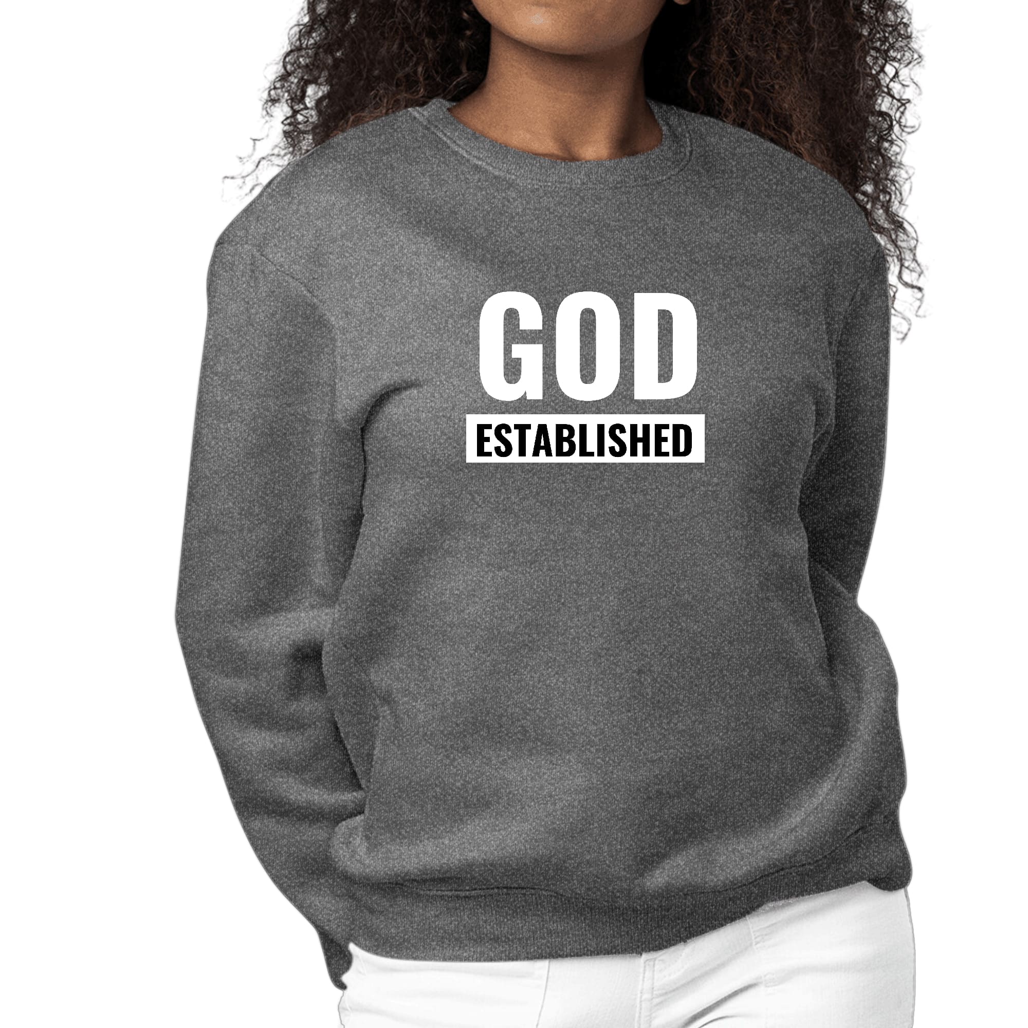 Women's long sleeve graphic sweatshirt featuring 'God Established' design, made from durable cotton/polyester blend.