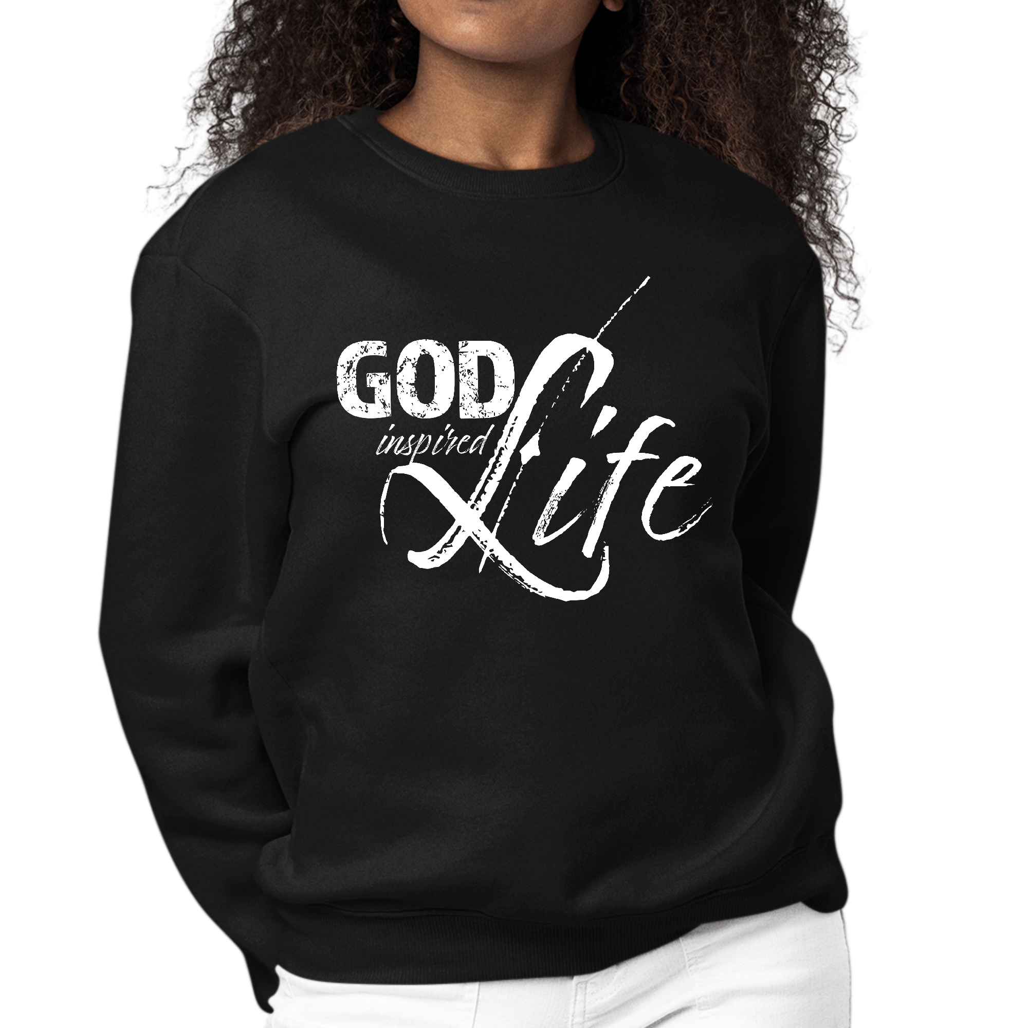 Women's long sleeve crewneck sweatshirt featuring 'God Inspired Life' inspirational quote print, made from durable cotton and polyester blend.