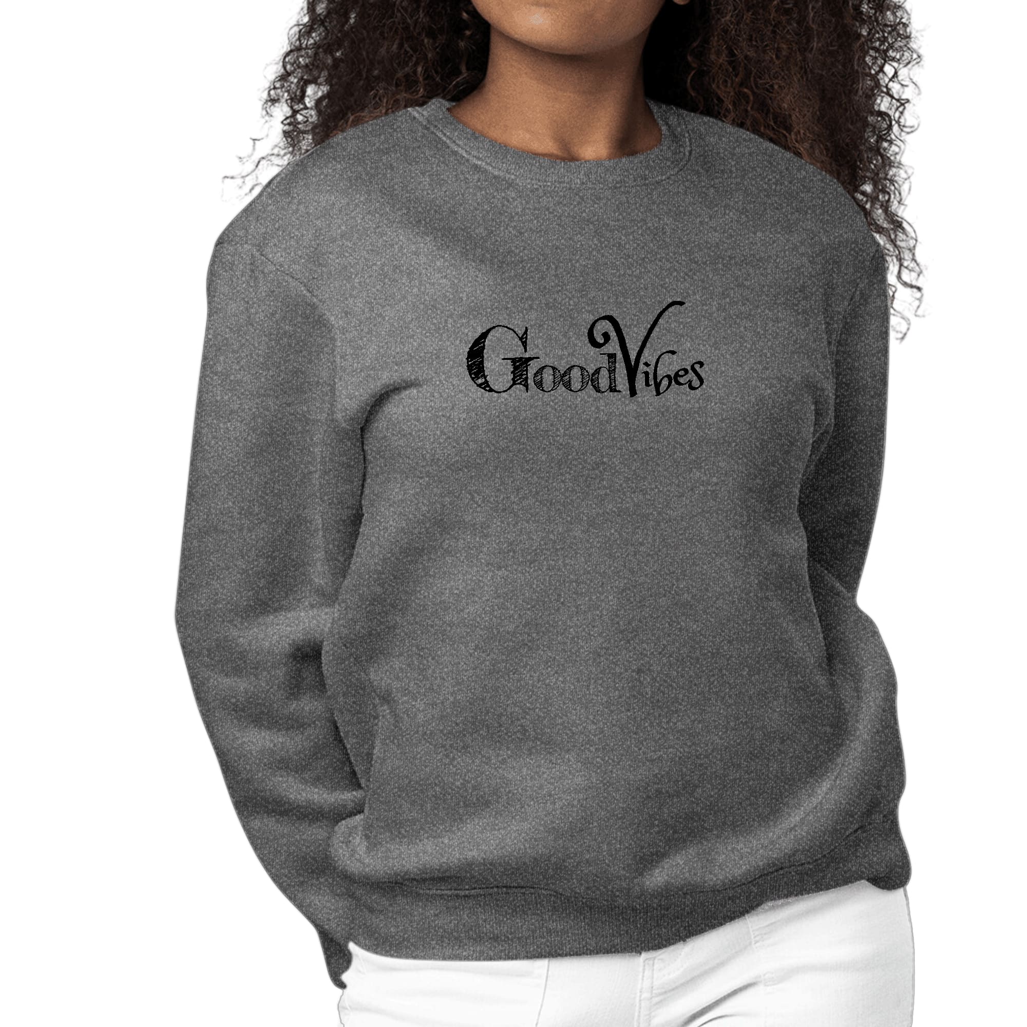 Women's Graphic Sweatshirt featuring Good Vibes black print, showcasing a cozy fleece design with ribbed collar and cuffs.