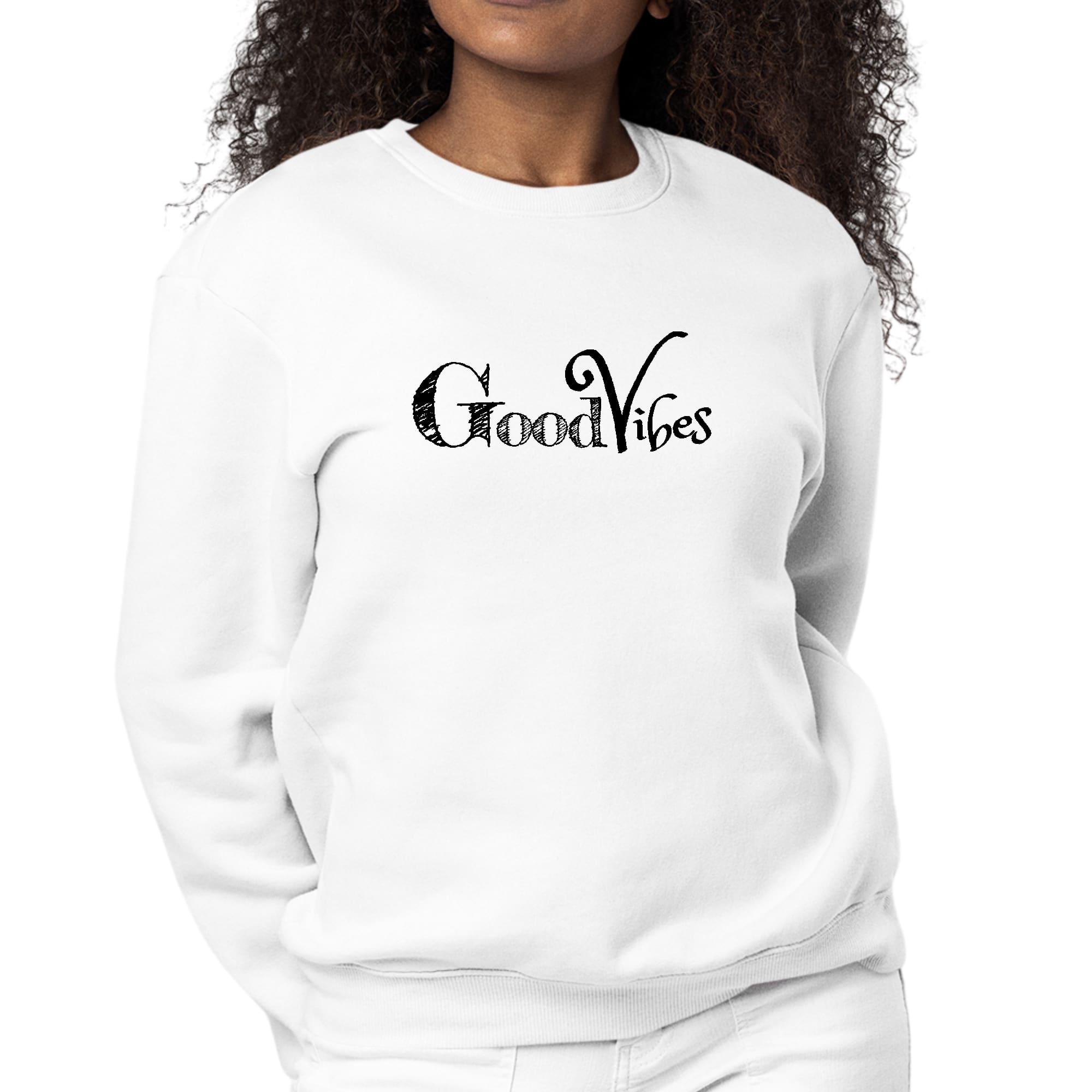 Women's Graphic Sweatshirt featuring Good Vibes black print, showcasing a cozy fleece design with ribbed collar and cuffs.