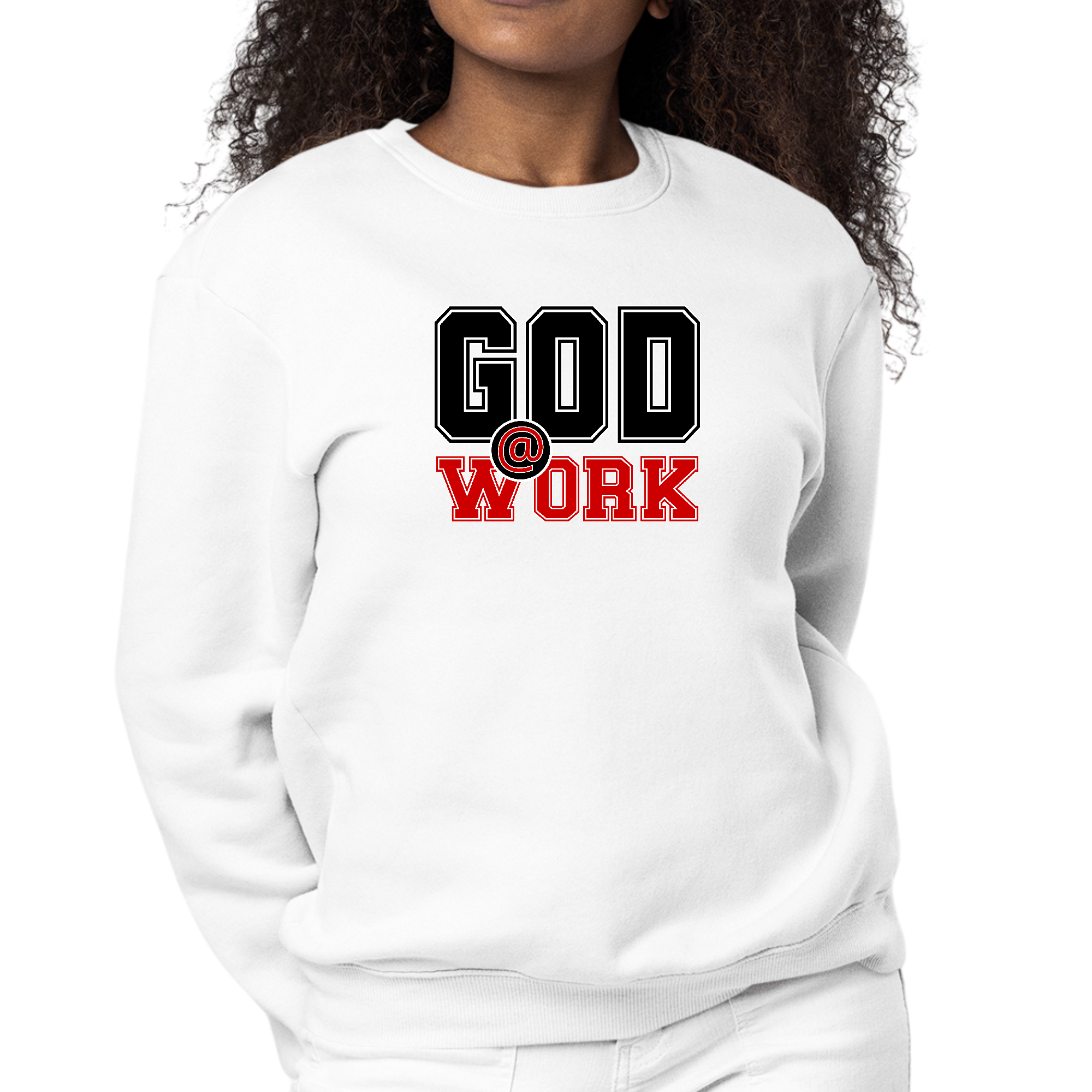 Women's black sweatshirt with red 'God @ Work' graphic print, featuring long sleeves and a crewneck design.