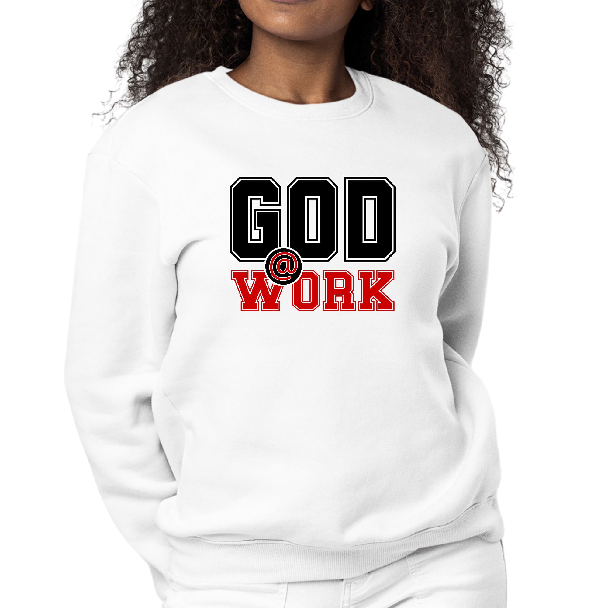 Women's black sweatshirt with red 'God @ Work' graphic print, featuring long sleeves and a crewneck design.