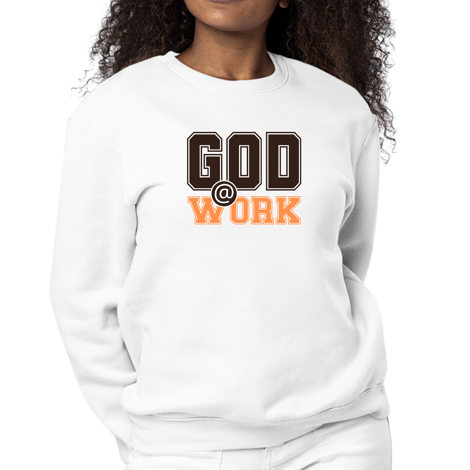 Women's long sleeve crewneck sweatshirt with 'God @ Work' graphic in brown and orange print, showcasing comfort and style.