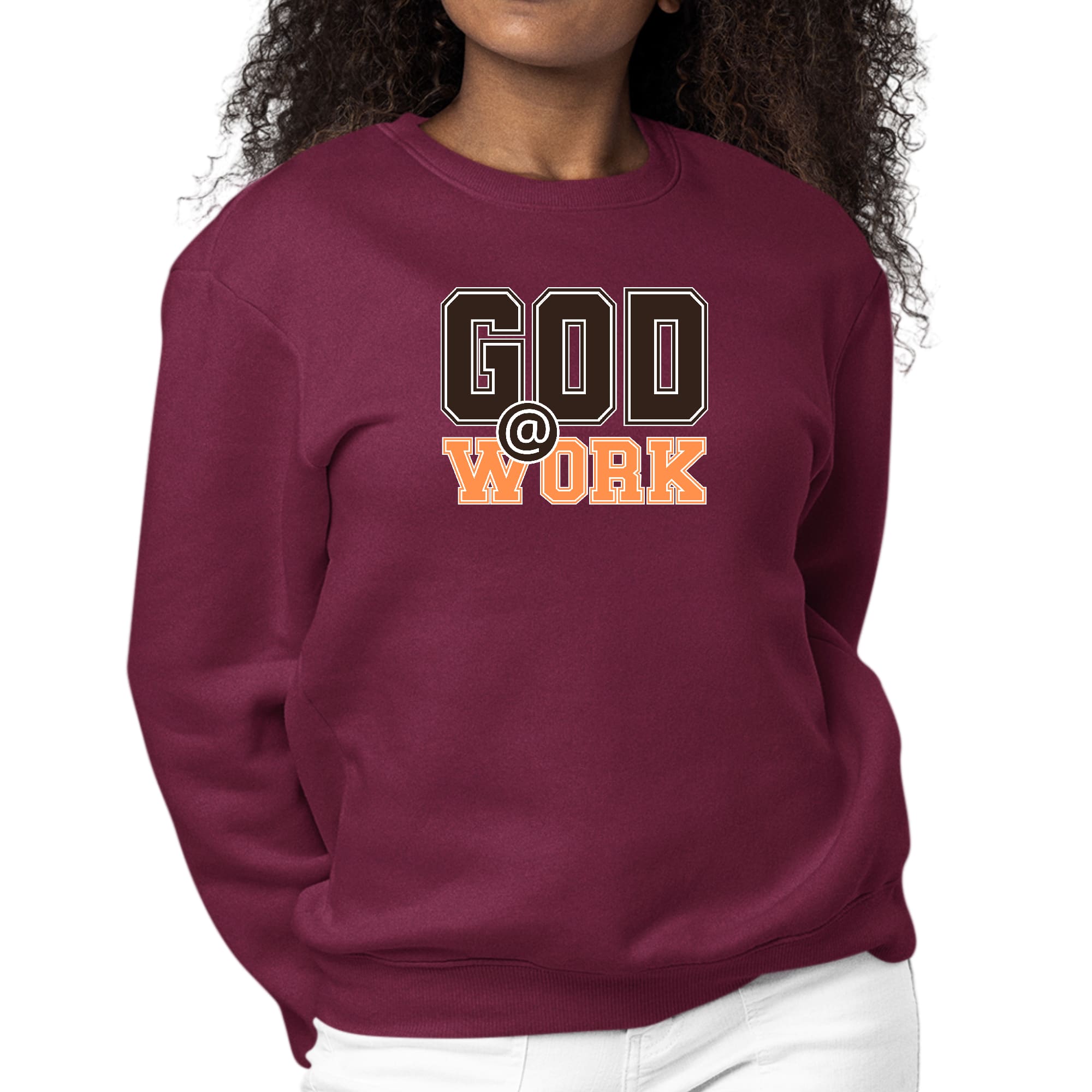 Women's long sleeve crewneck sweatshirt with 'God @ Work' graphic in brown and orange print, showcasing comfort and style.