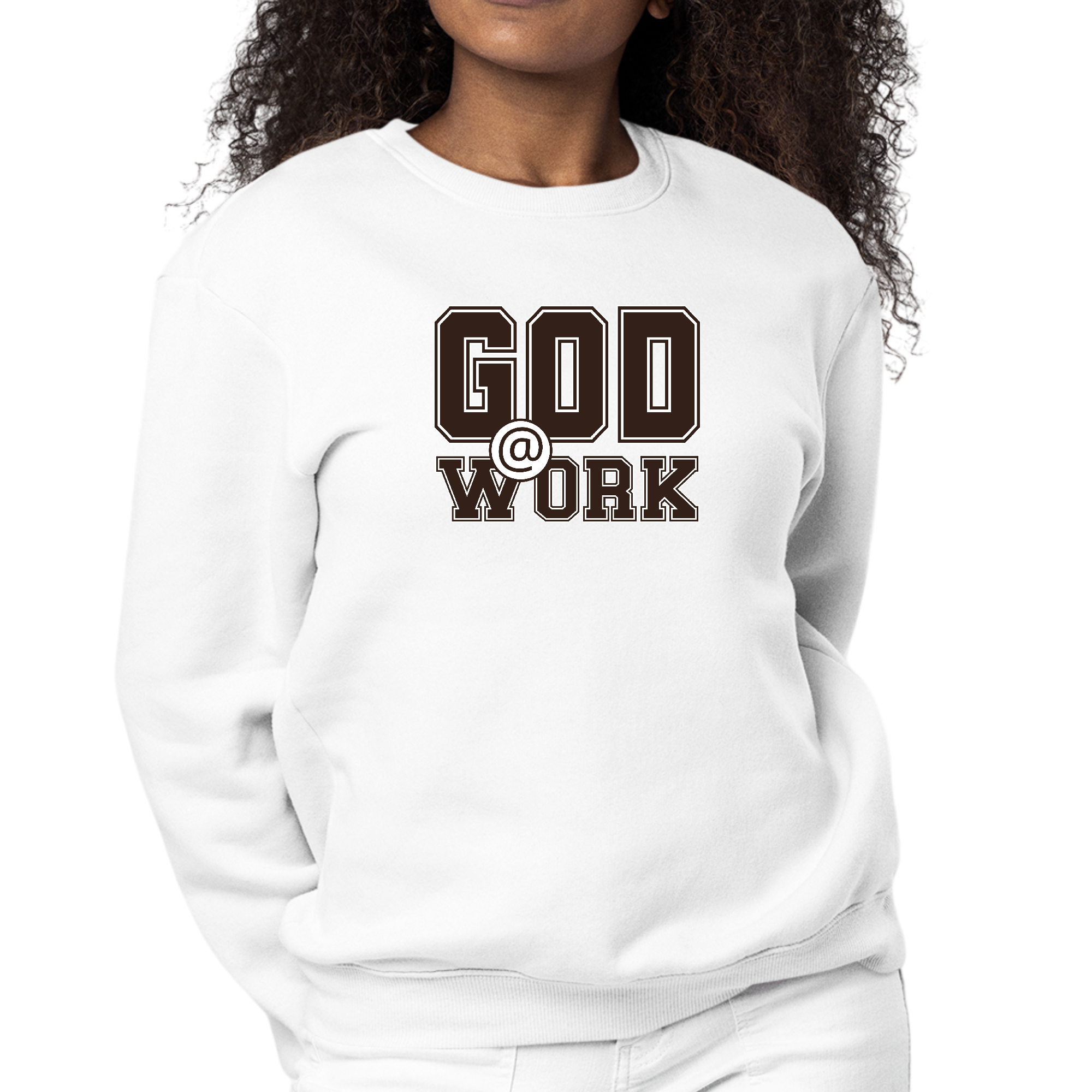 Women's long sleeve crewneck sweatshirt in brown and white with 'God @ Work' graphic print, showcasing a comfortable and stylish design.