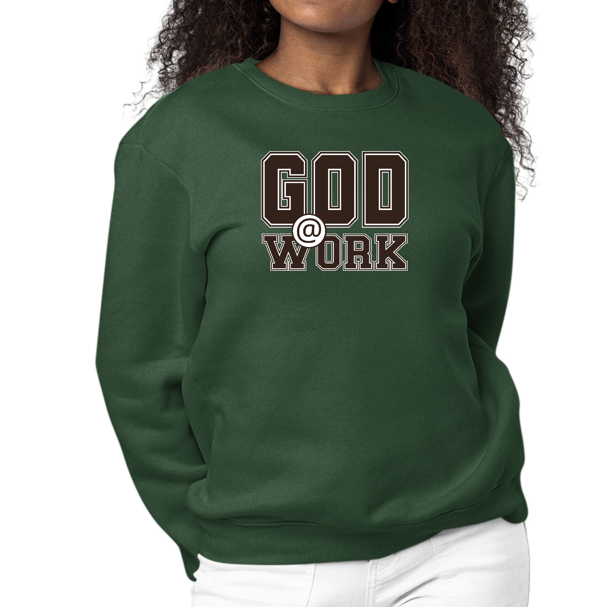 Women's long sleeve crewneck sweatshirt in brown and white with 'God @ Work' graphic print, showcasing a comfortable and stylish design.