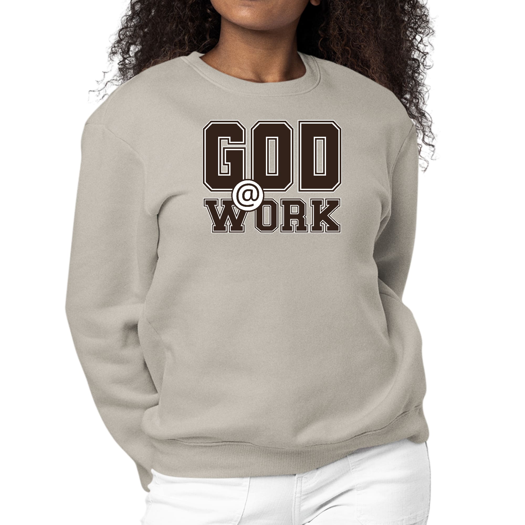 Women's long sleeve crewneck sweatshirt in brown and white with 'God @ Work' graphic print, showcasing a comfortable and stylish design.