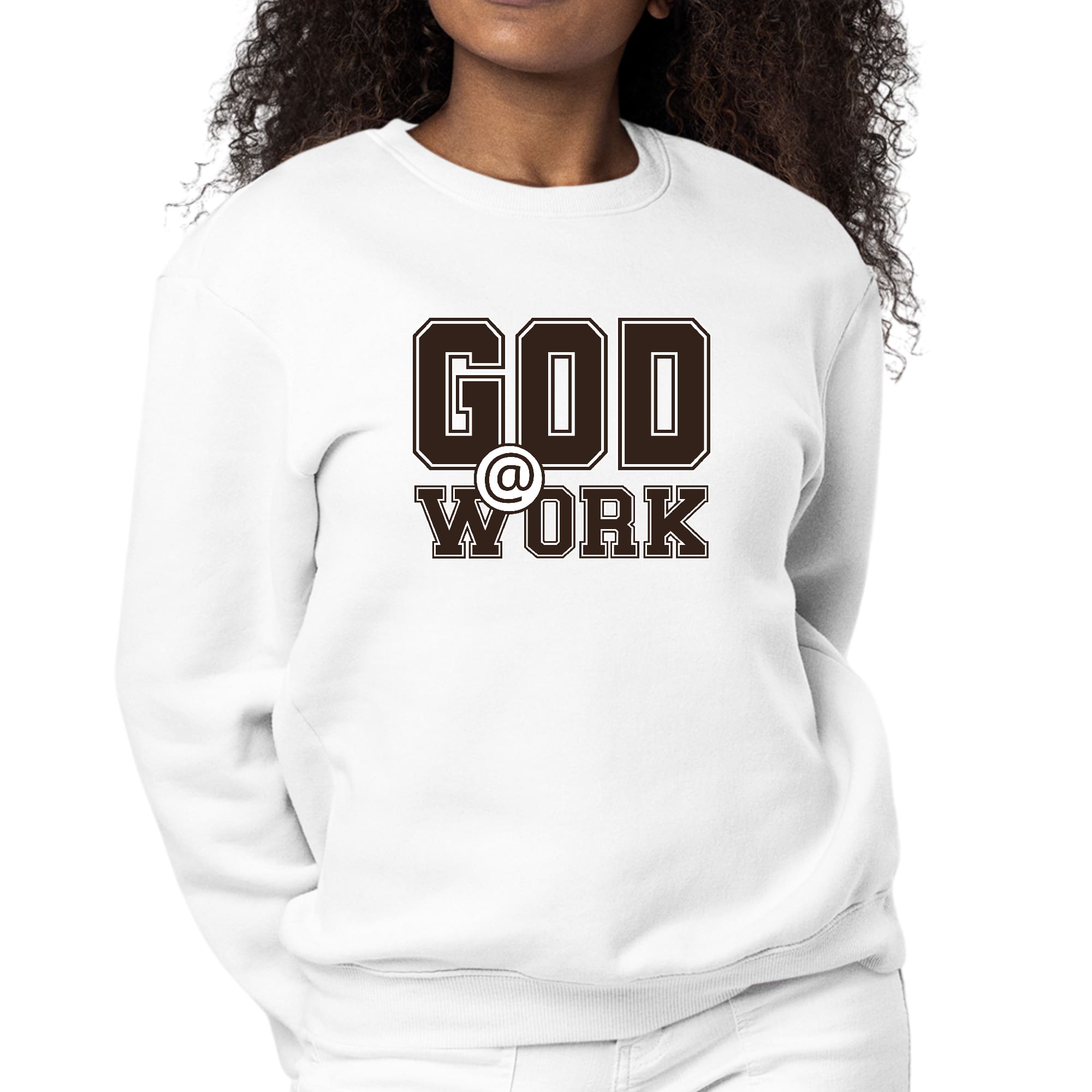 Women's long sleeve crewneck sweatshirt in brown and white with 'God @ Work' graphic print, showcasing a comfortable and stylish design.