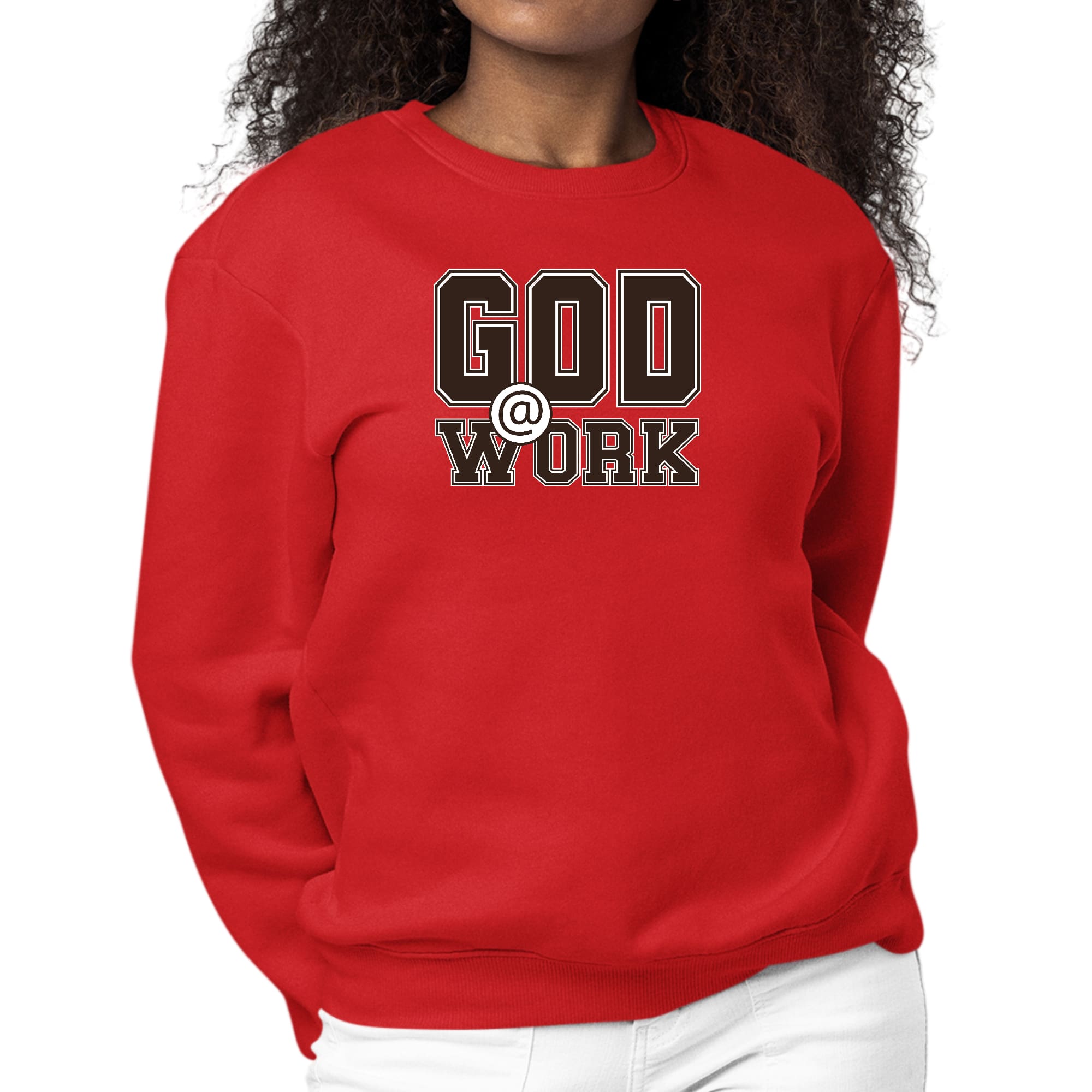 Women's long sleeve crewneck sweatshirt in brown and white with 'God @ Work' graphic print, showcasing a comfortable and stylish design.