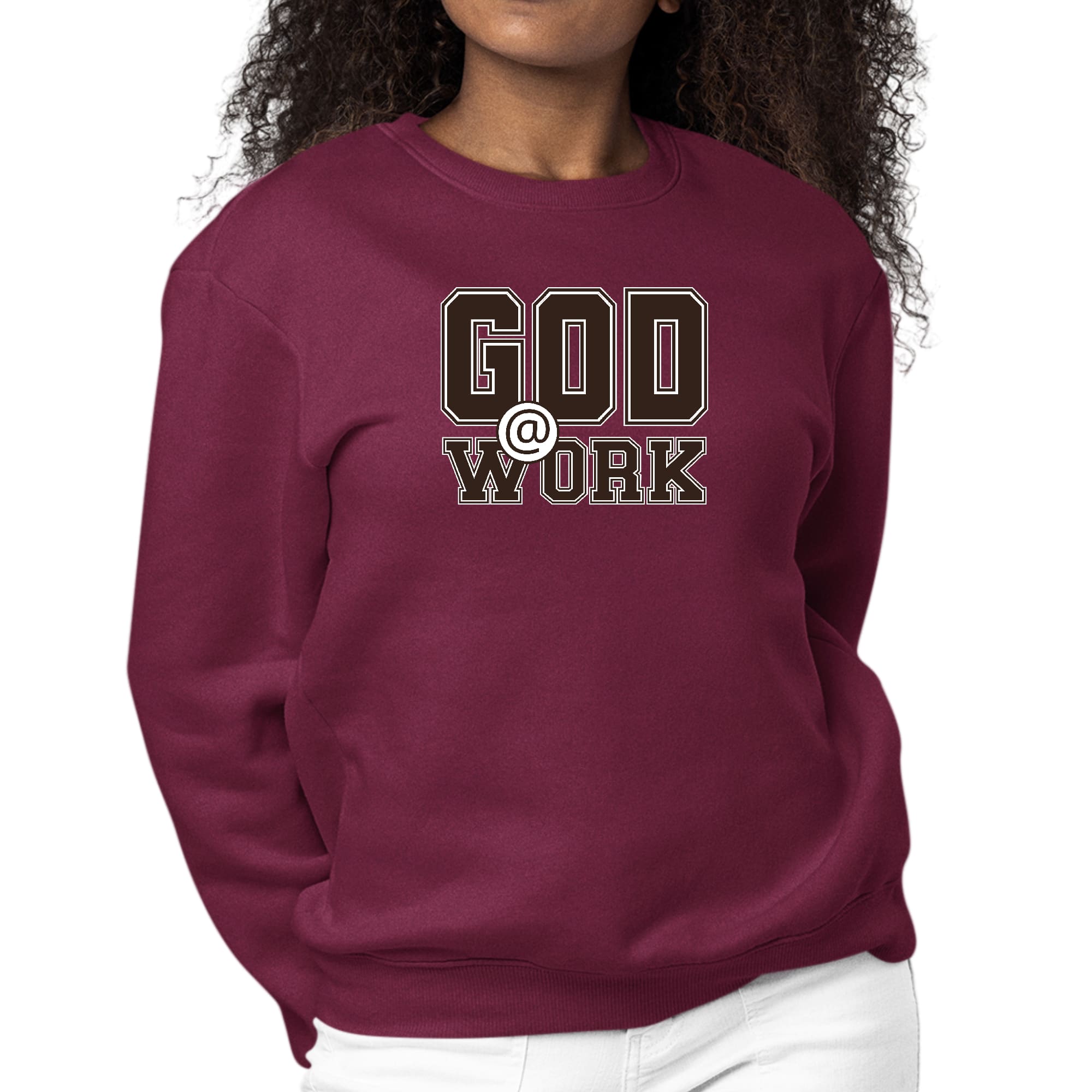 Women's long sleeve crewneck sweatshirt in brown and white with 'God @ Work' graphic print, showcasing a comfortable and stylish design.