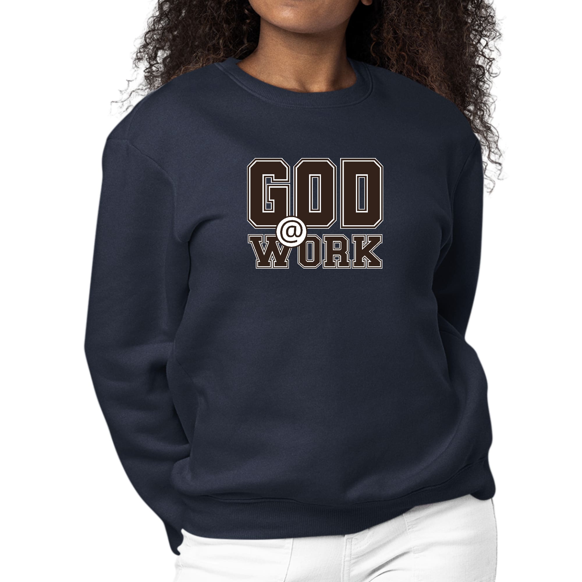 Women's long sleeve crewneck sweatshirt in brown and white with 'God @ Work' graphic print, showcasing a comfortable and stylish design.