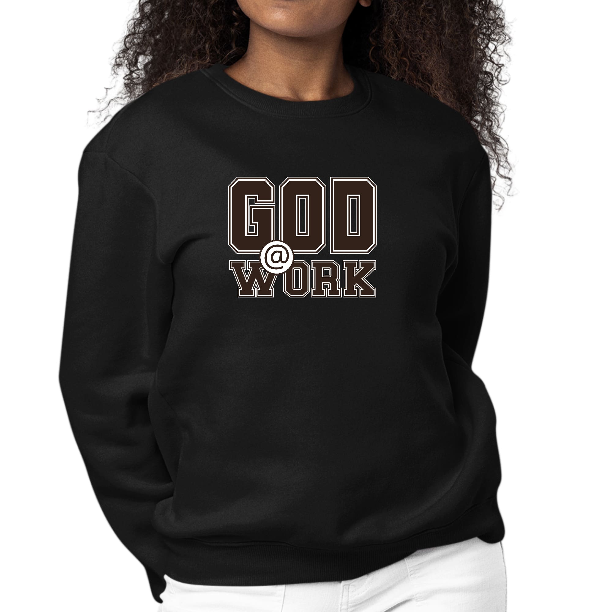 Women's long sleeve crewneck sweatshirt in brown and white with 'God @ Work' graphic print, showcasing a comfortable and stylish design.