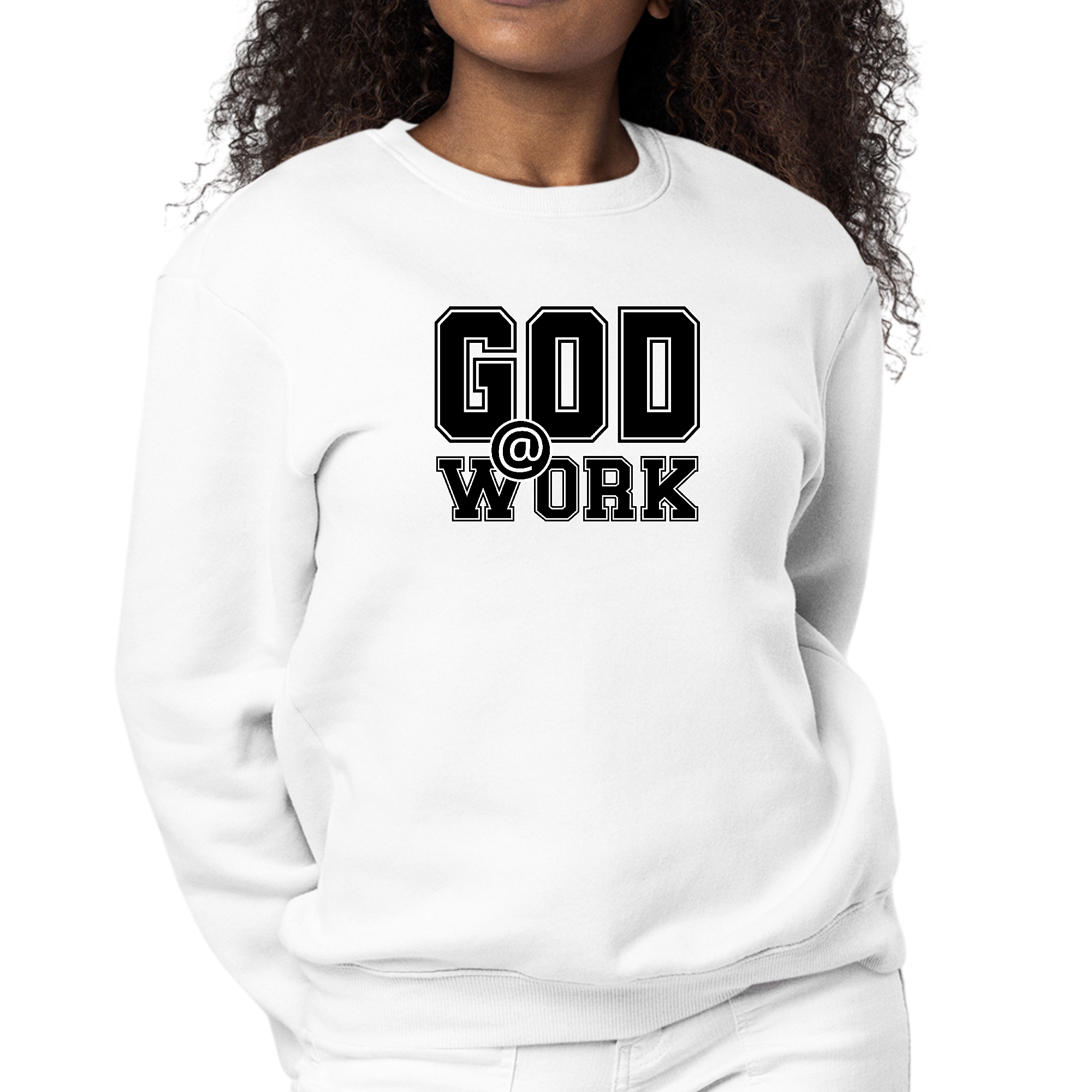 Women's long sleeve crewneck sweatshirt with 'God @ Work' graphic print in black and white, showcasing a comfortable and stylish design.