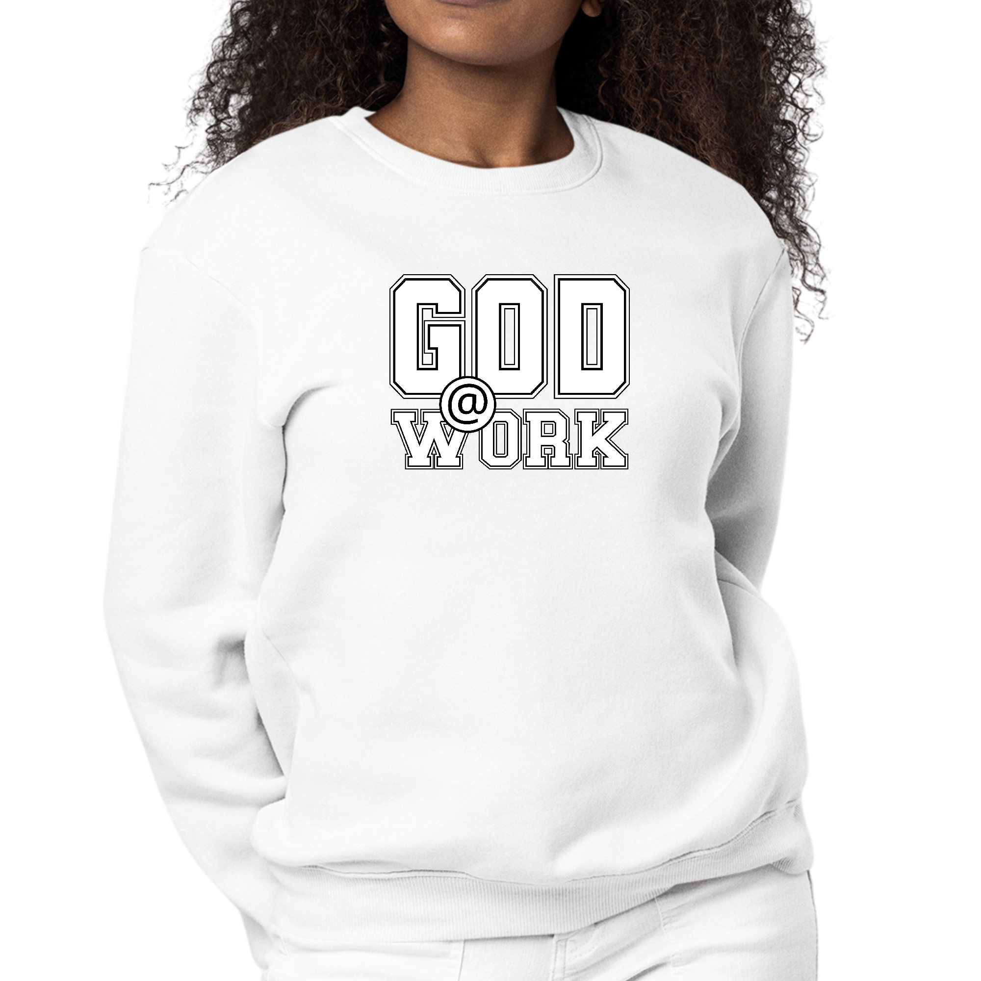 Women's long sleeve crewneck sweatshirt featuring 'God @ Work' graphic print in black and white.