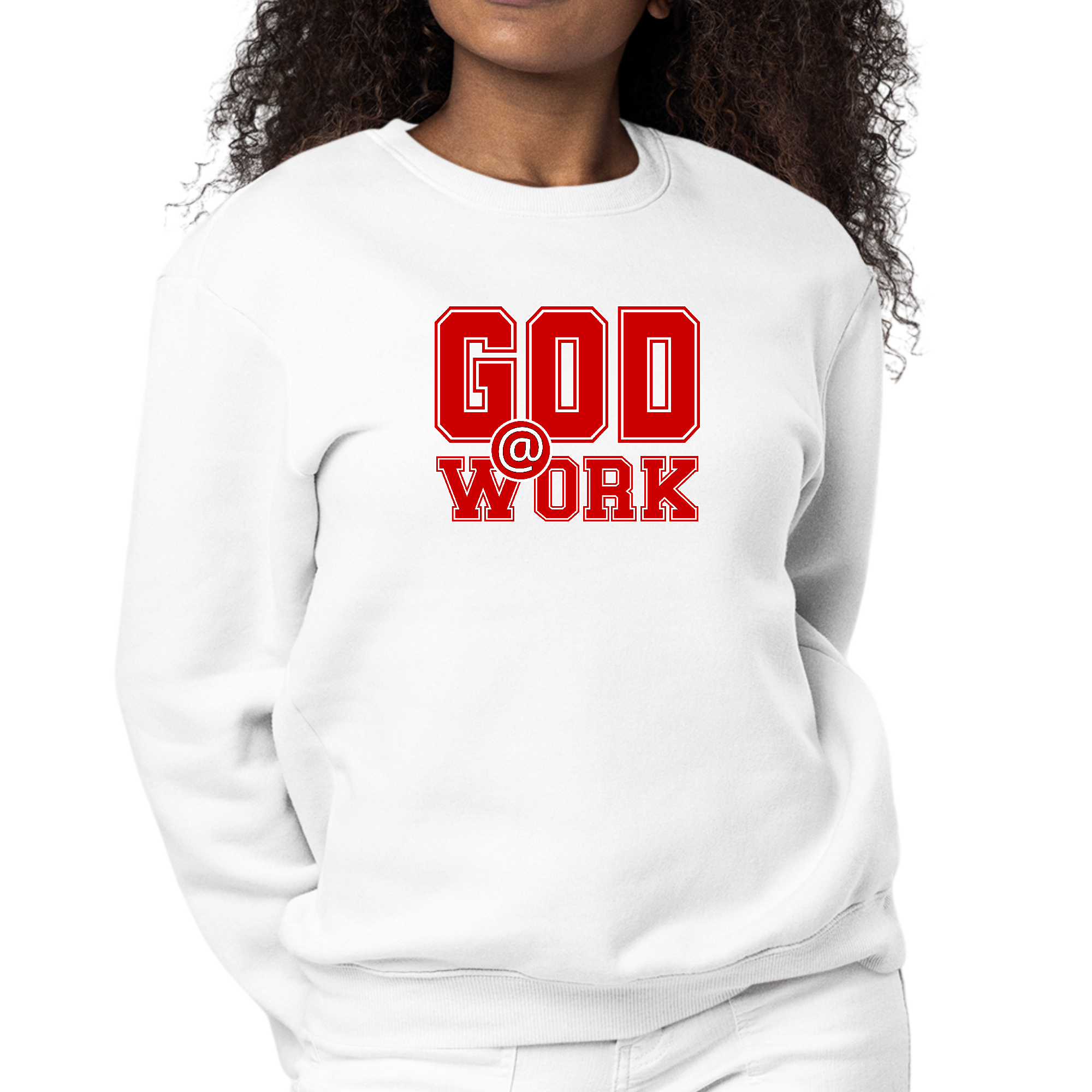 A stylish women's graphic sweatshirt featuring a bold red and white 'God @ Work' print, designed for comfort and durability.