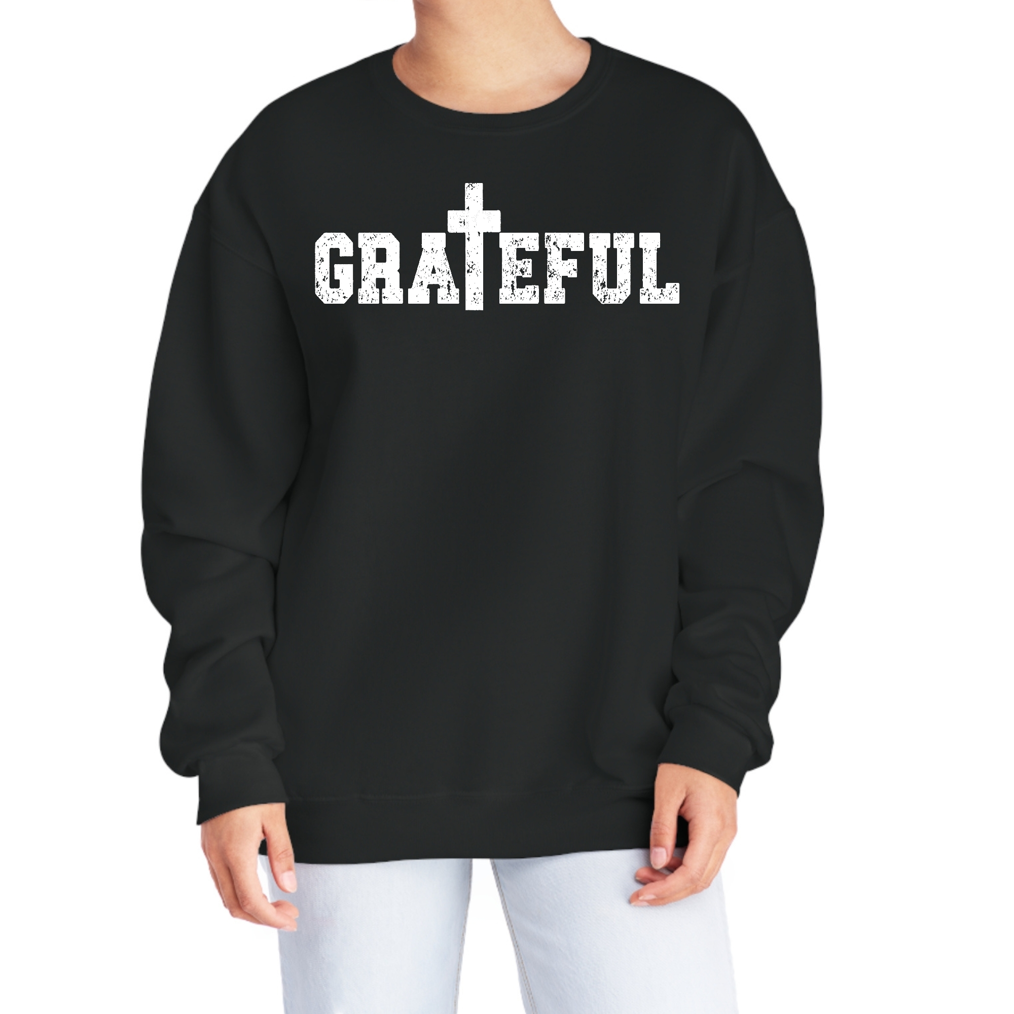 A stylish women's graphic sweatshirt featuring a vibrant Grateful Print, made from a soft poly-cotton blend, showcasing a relaxed unisex fit.