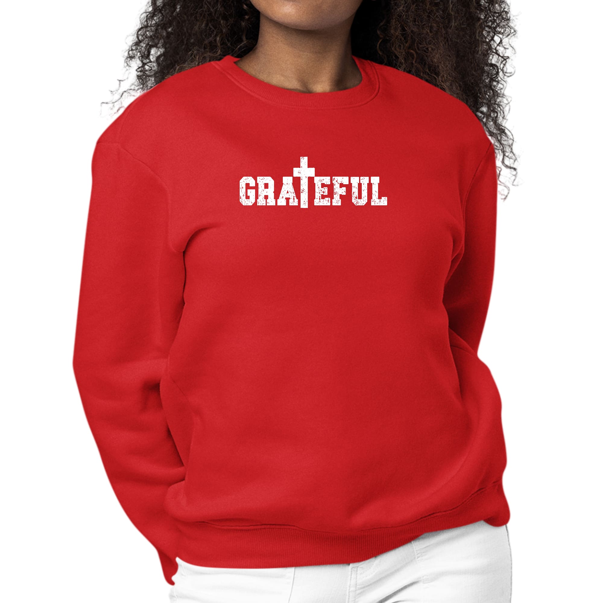 A stylish women's graphic sweatshirt featuring a vibrant Grateful Print, made from a soft poly-cotton blend, showcasing a relaxed unisex fit.