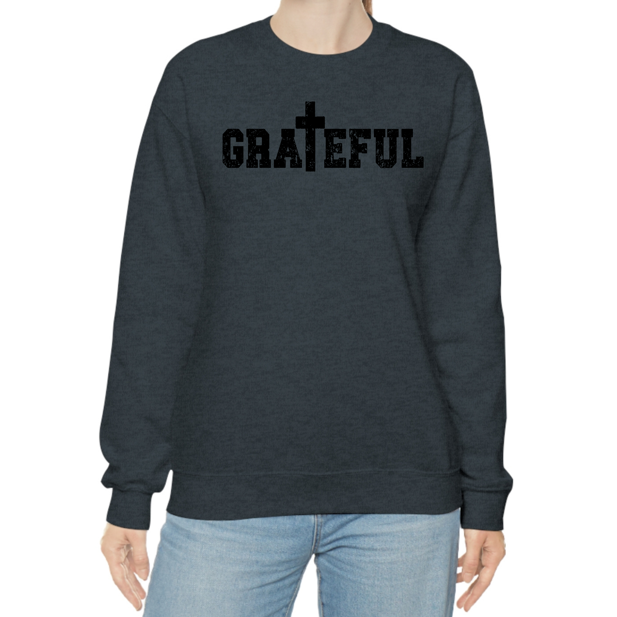 Women's graphic sweatshirt featuring a grateful print, showcasing a soft fabric and unisex fit, perfect for casual wear.