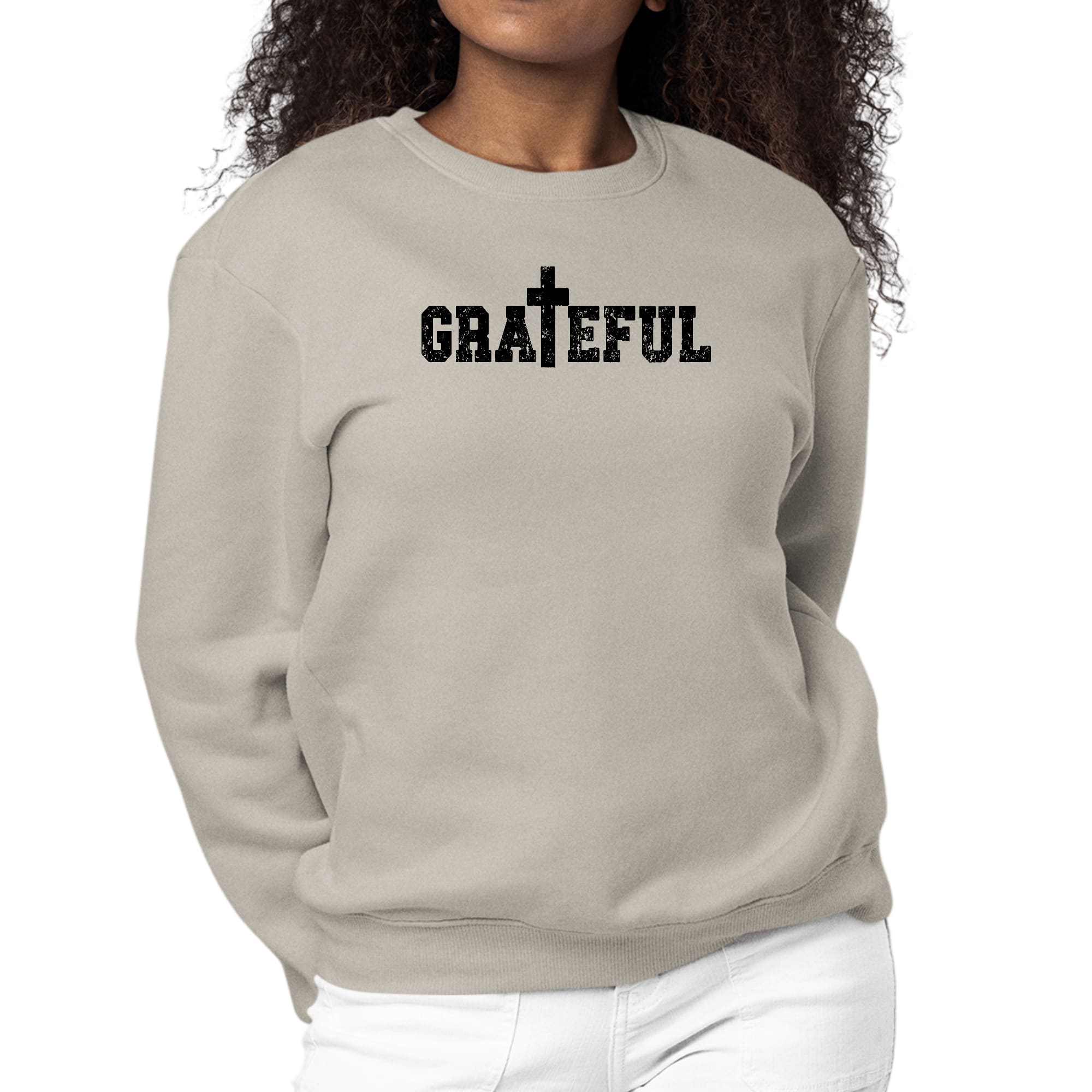 Women's graphic sweatshirt featuring a grateful print, showcasing a soft fabric and unisex fit, perfect for casual wear.