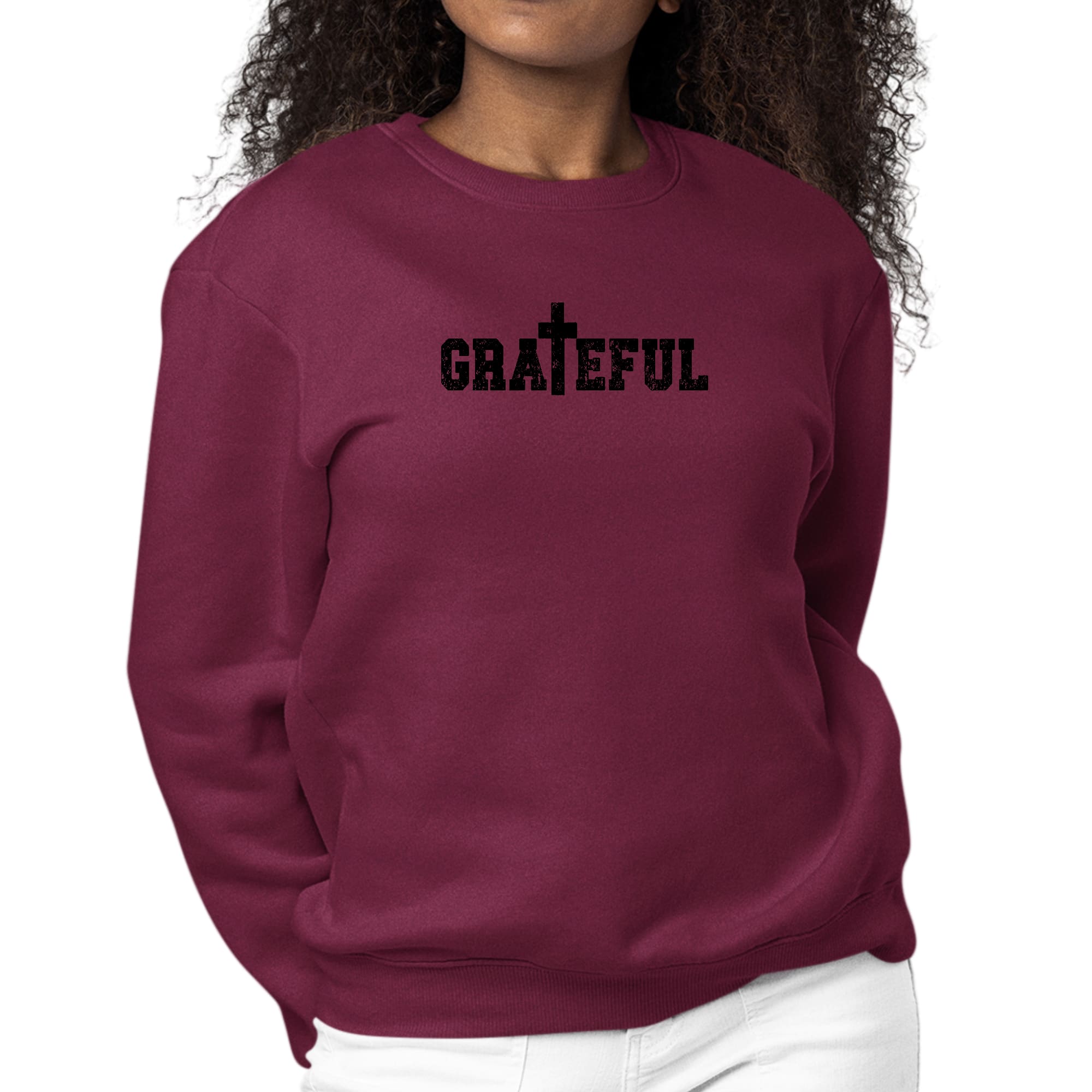 Women's graphic sweatshirt featuring a grateful print, showcasing a soft fabric and unisex fit, perfect for casual wear.