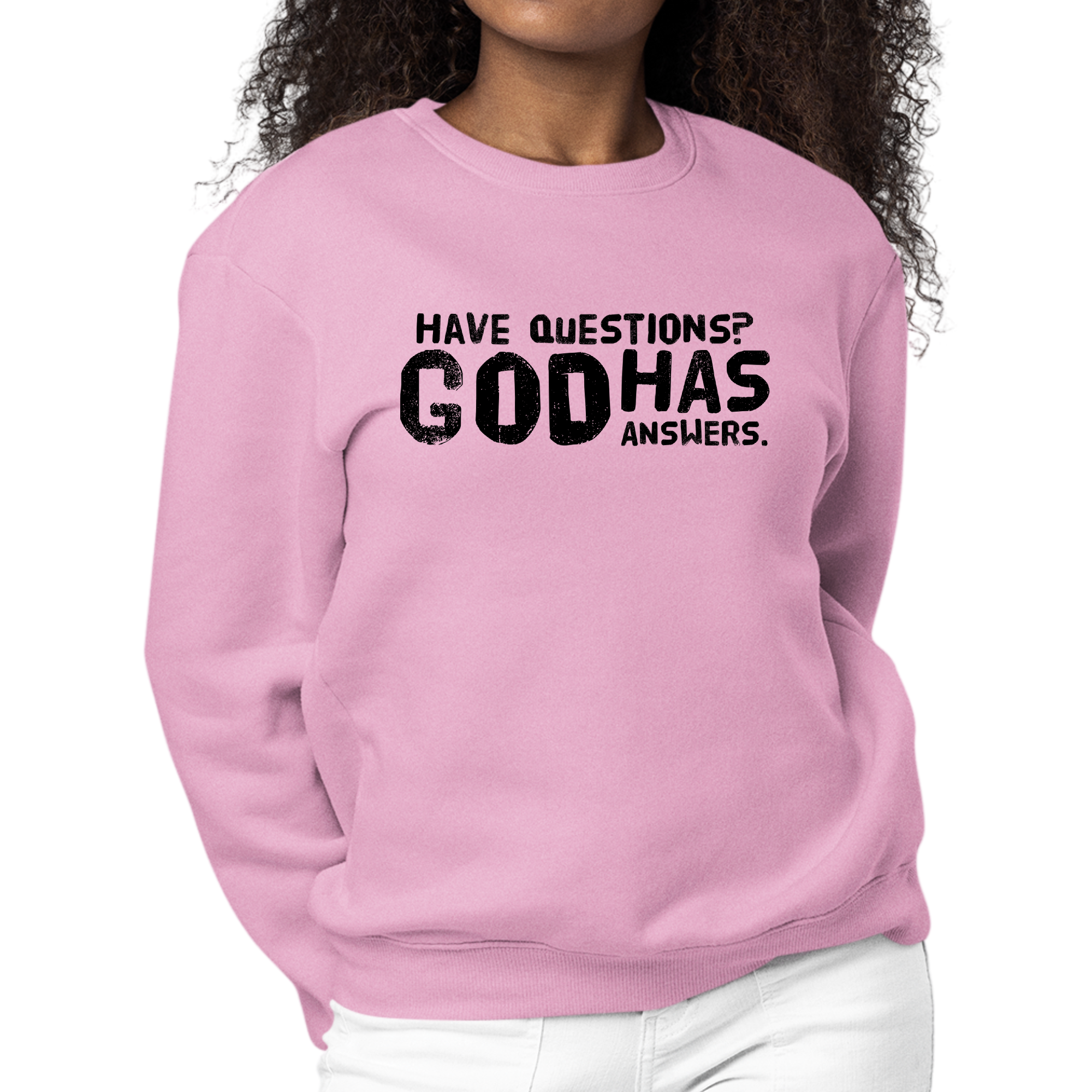 Women's black graphic sweatshirt with 'Questions God has Answers' print, featuring long sleeves and a comfortable crewneck design.