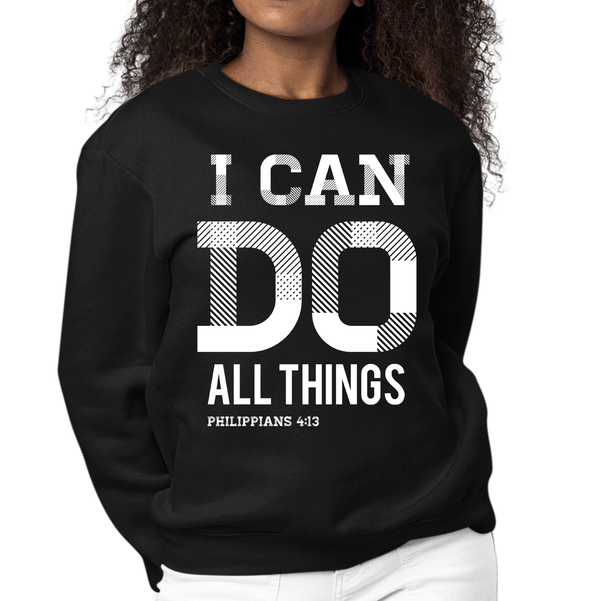 Women's long sleeve graphic sweatshirt featuring Philippians 4:13 scripture print, showcasing a comfortable and stylish design.