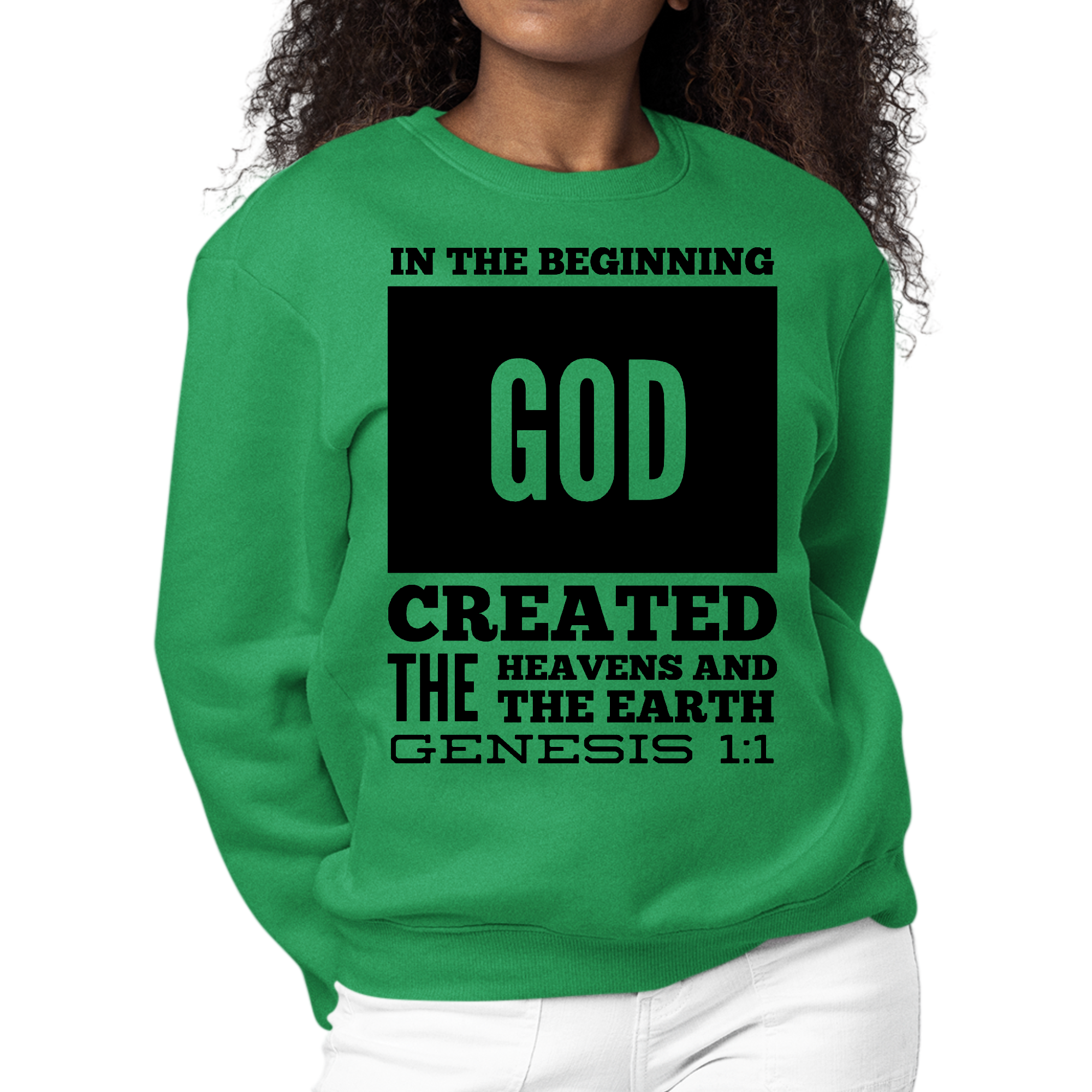 Womens Graphic Sweatshirt featuring 'In The Beginning' scripture print in black, showcasing long sleeves and a crewneck design.