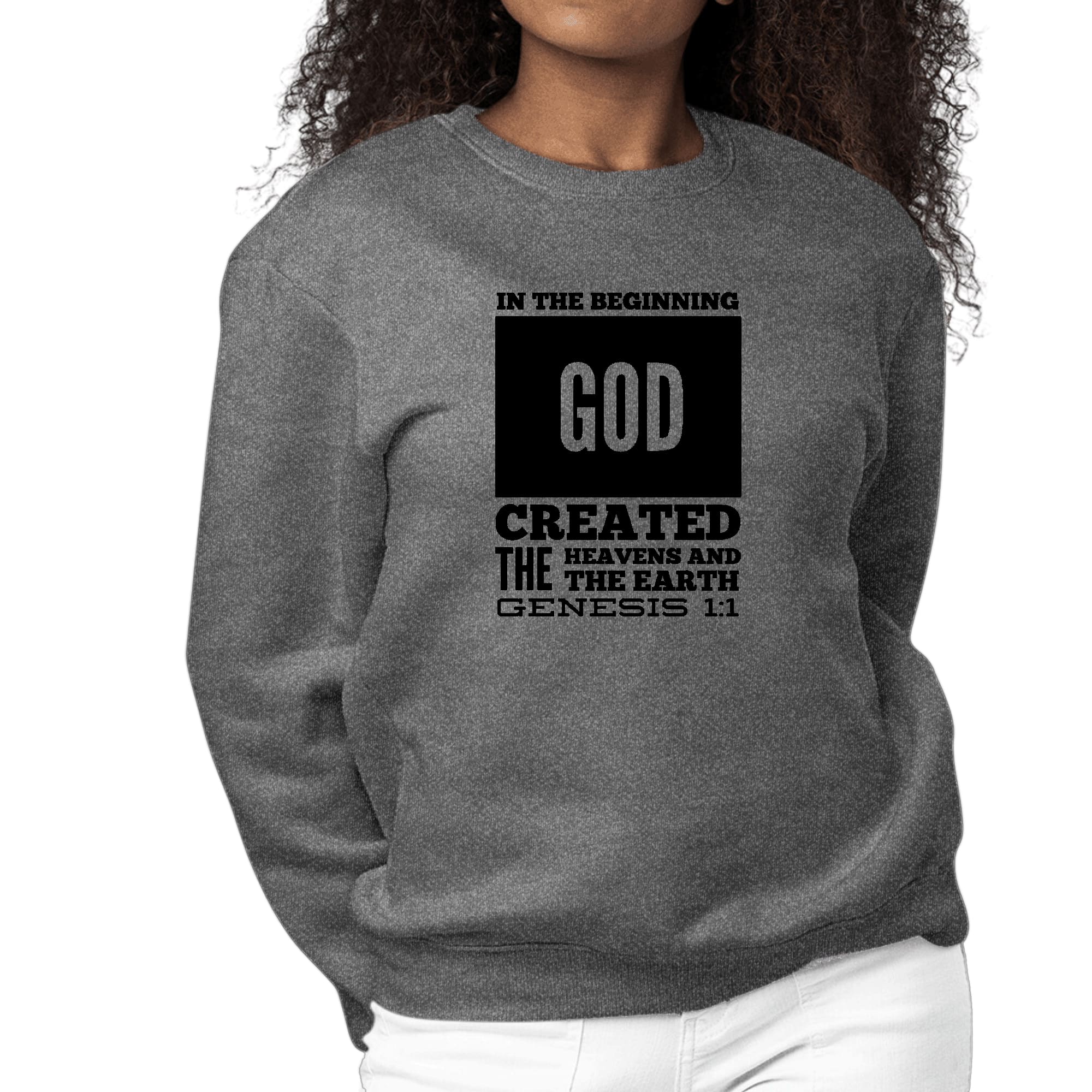 Womens Graphic Sweatshirt featuring 'In The Beginning' scripture print in black, showcasing long sleeves and a crewneck design.