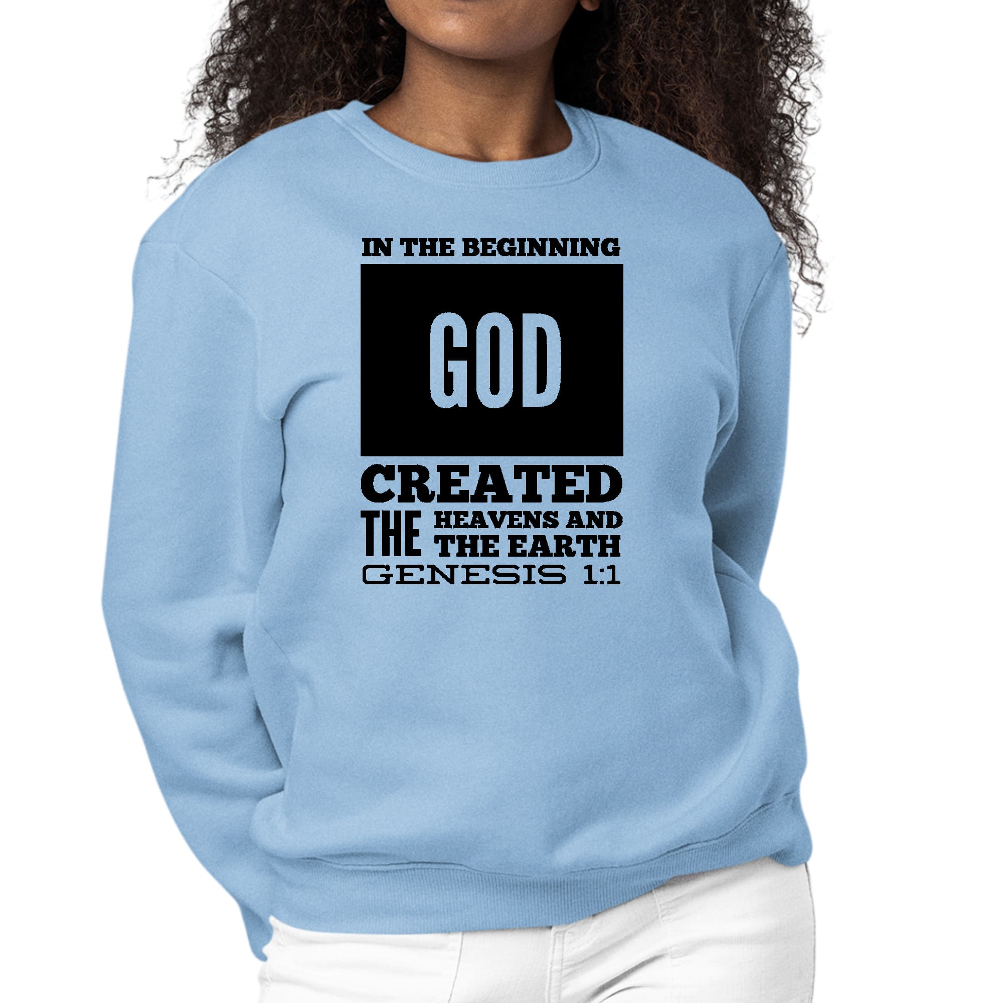 Womens Graphic Sweatshirt featuring 'In The Beginning' scripture print in black, showcasing long sleeves and a crewneck design.