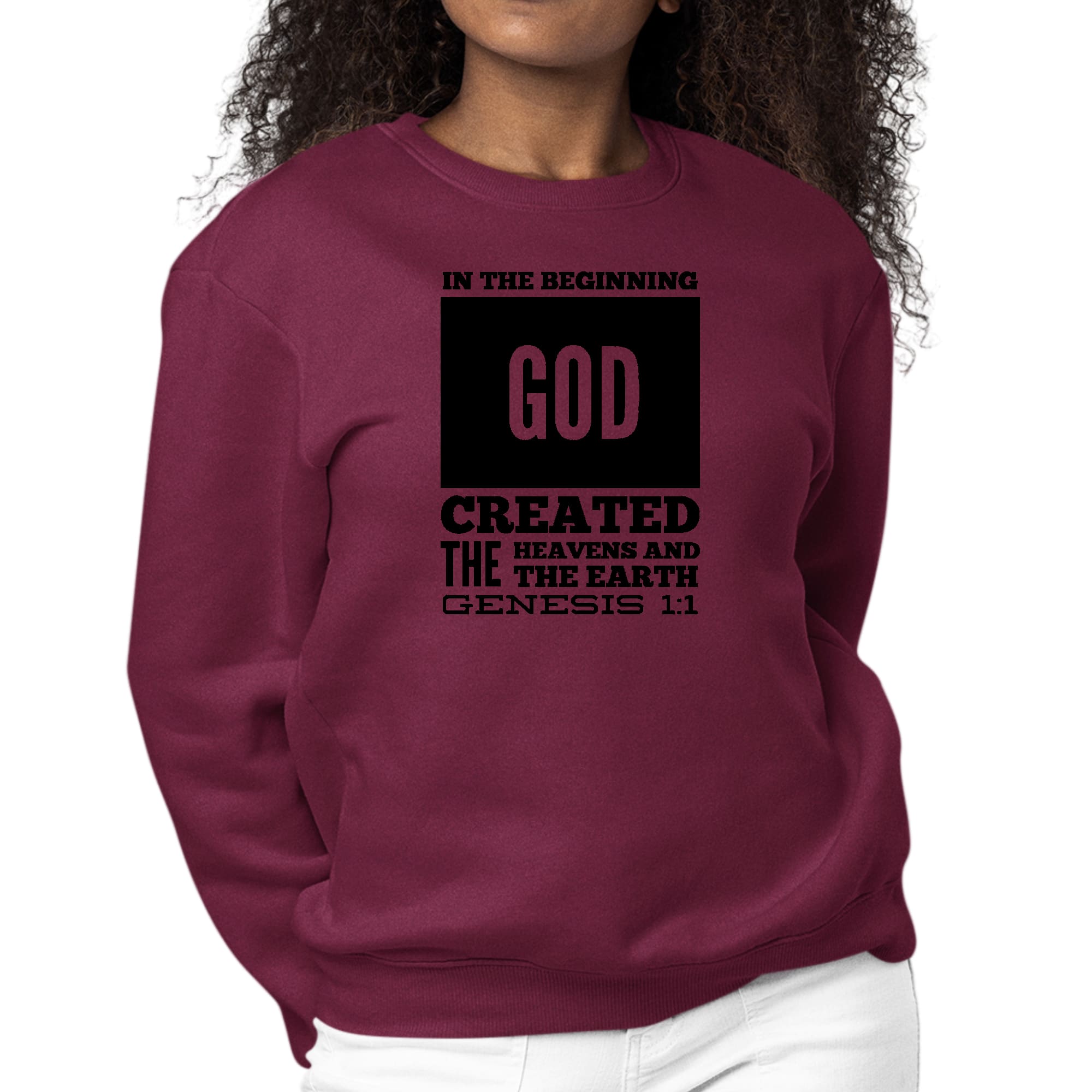 Womens Graphic Sweatshirt featuring 'In The Beginning' scripture print in black, showcasing long sleeves and a crewneck design.