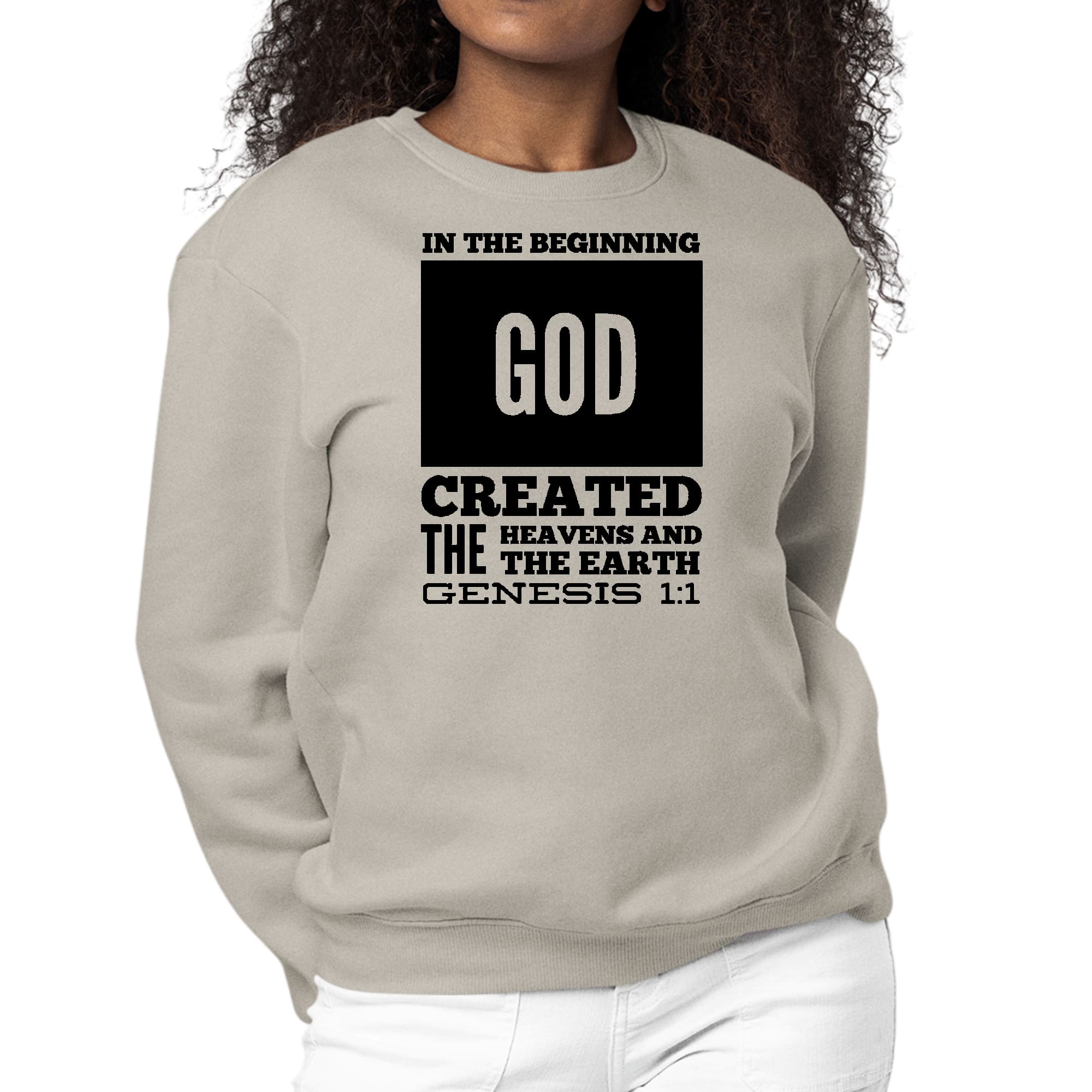 Womens Graphic Sweatshirt featuring 'In The Beginning' scripture print in black, showcasing long sleeves and a crewneck design.