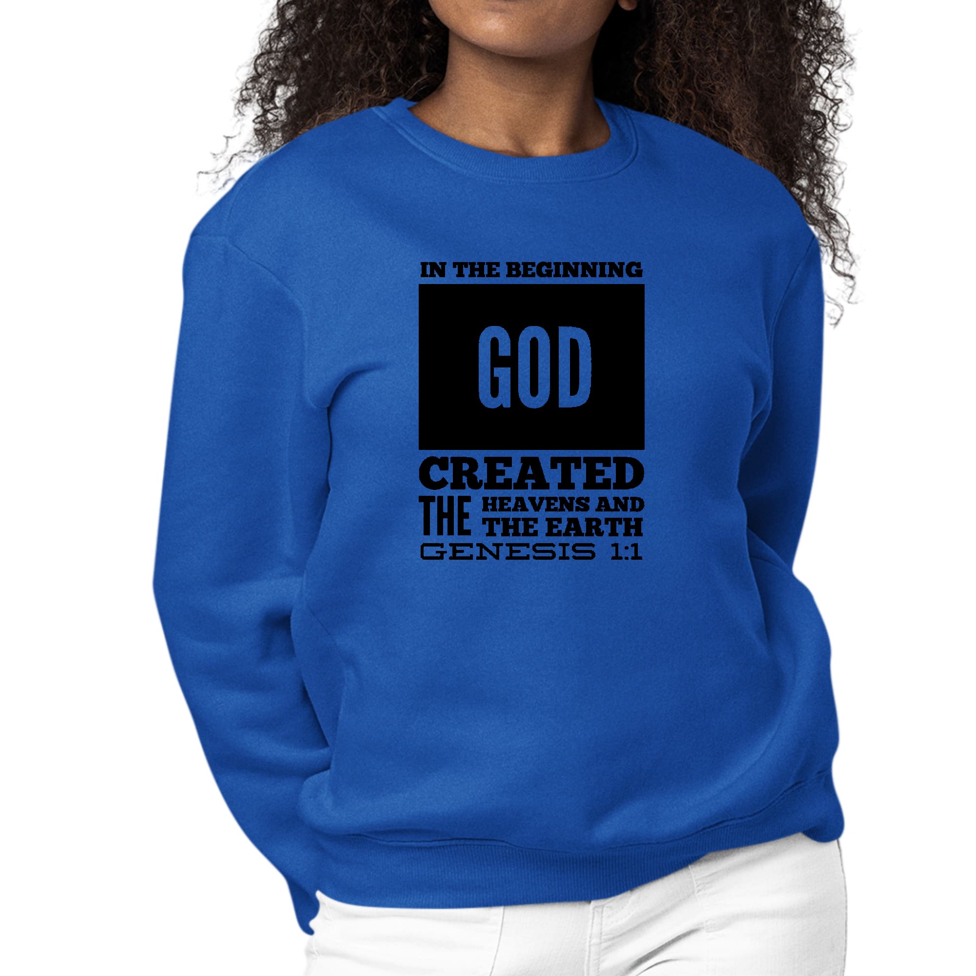 Womens Graphic Sweatshirt featuring 'In The Beginning' scripture print in black, showcasing long sleeves and a crewneck design.