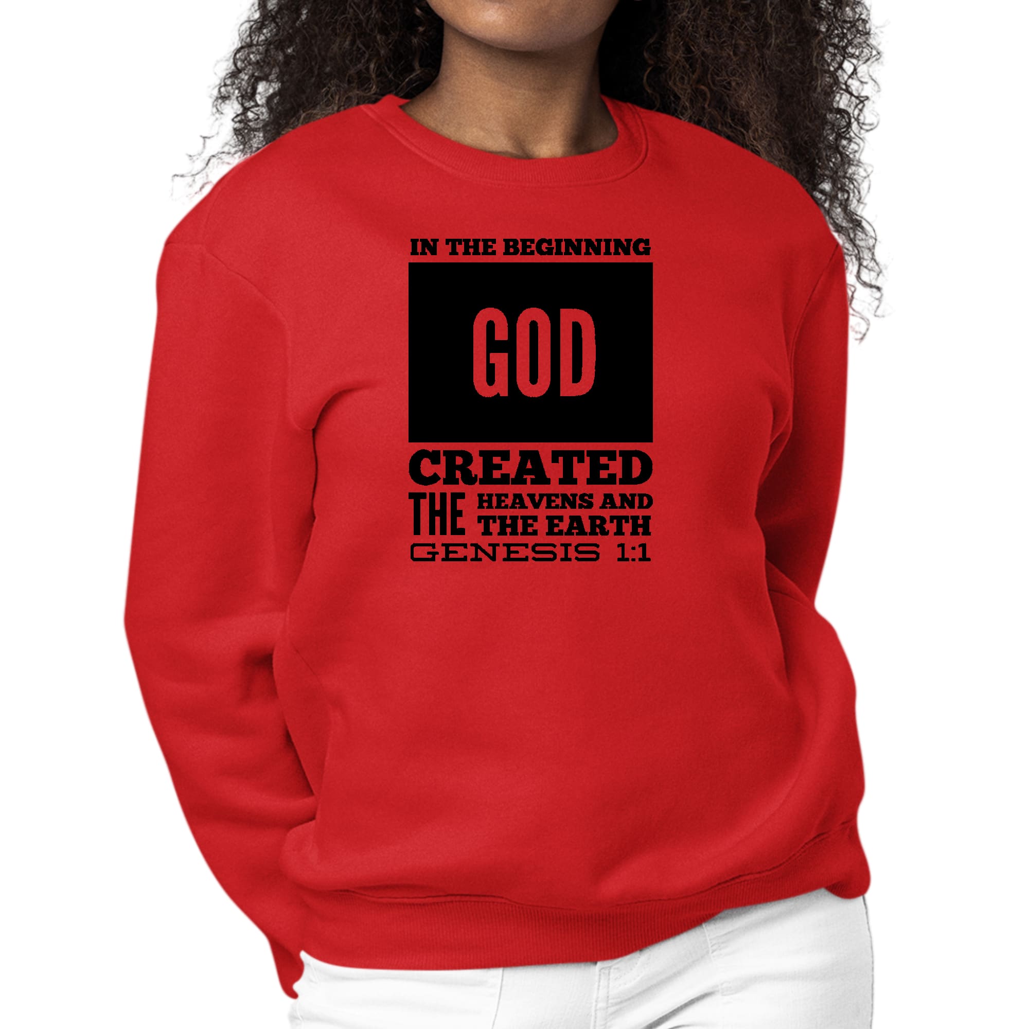 Womens Graphic Sweatshirt featuring 'In The Beginning' scripture print in black, showcasing long sleeves and a crewneck design.