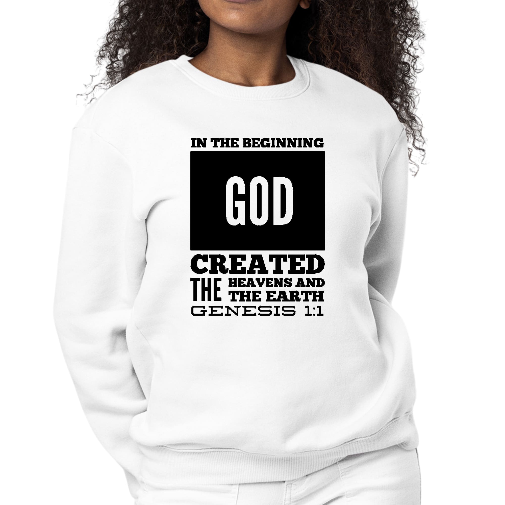 Womens Graphic Sweatshirt featuring 'In The Beginning' scripture print in black, showcasing long sleeves and a crewneck design.