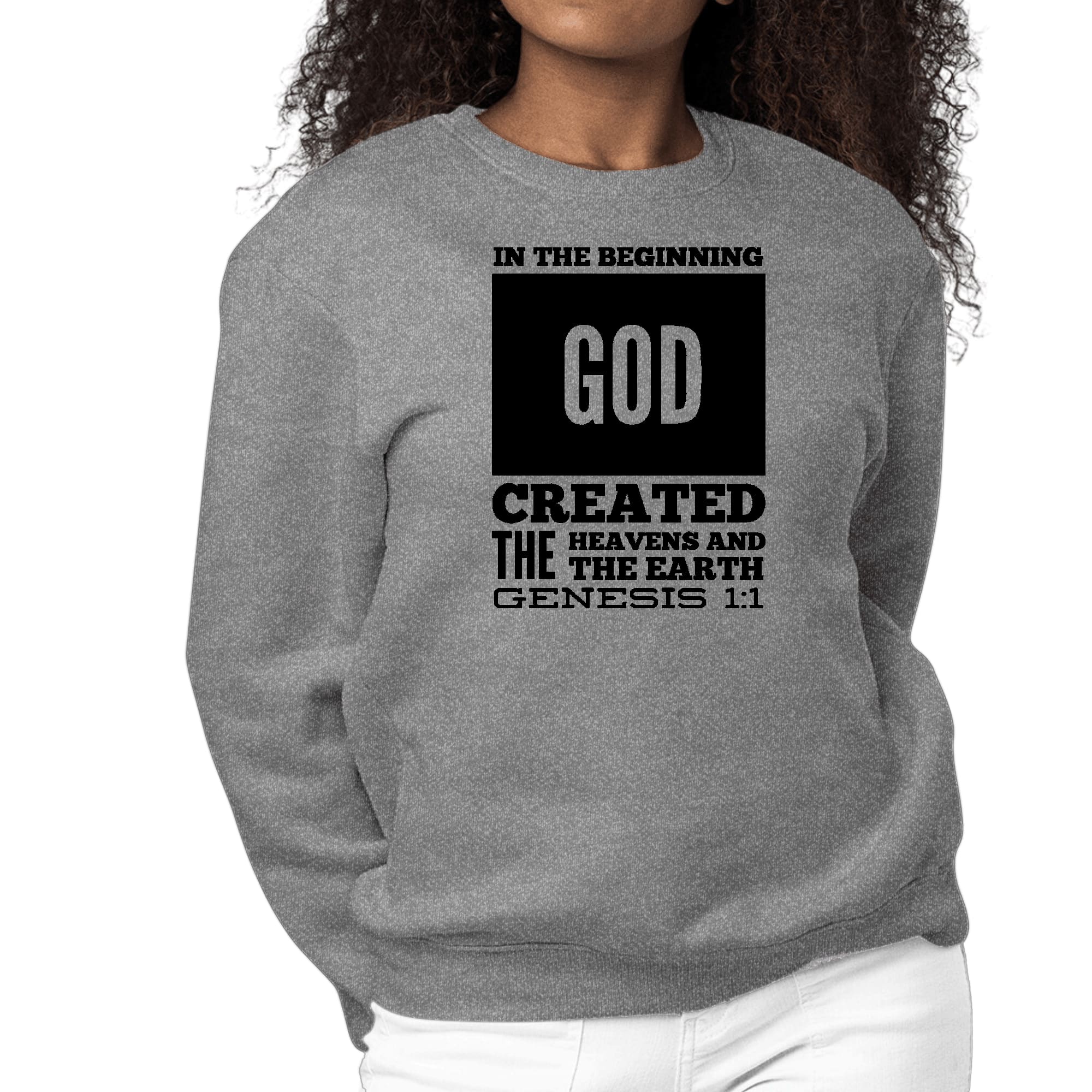 Womens Graphic Sweatshirt featuring 'In The Beginning' scripture print in black, showcasing long sleeves and a crewneck design.