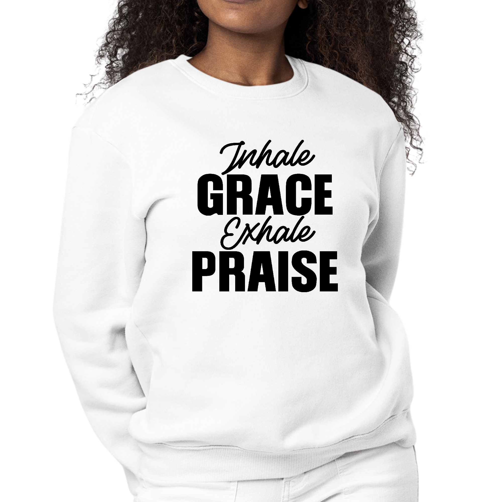 Womens Graphic Sweatshirt in Black featuring 'Inhale Grace Exhale Praise' design, showcasing a soft fabric and unisex fit.