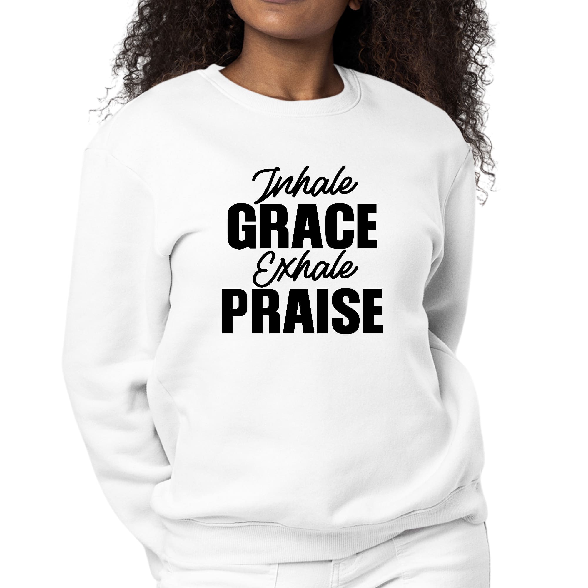 Womens Graphic Sweatshirt in Black featuring 'Inhale Grace Exhale Praise' design, showcasing a soft fabric and unisex fit.