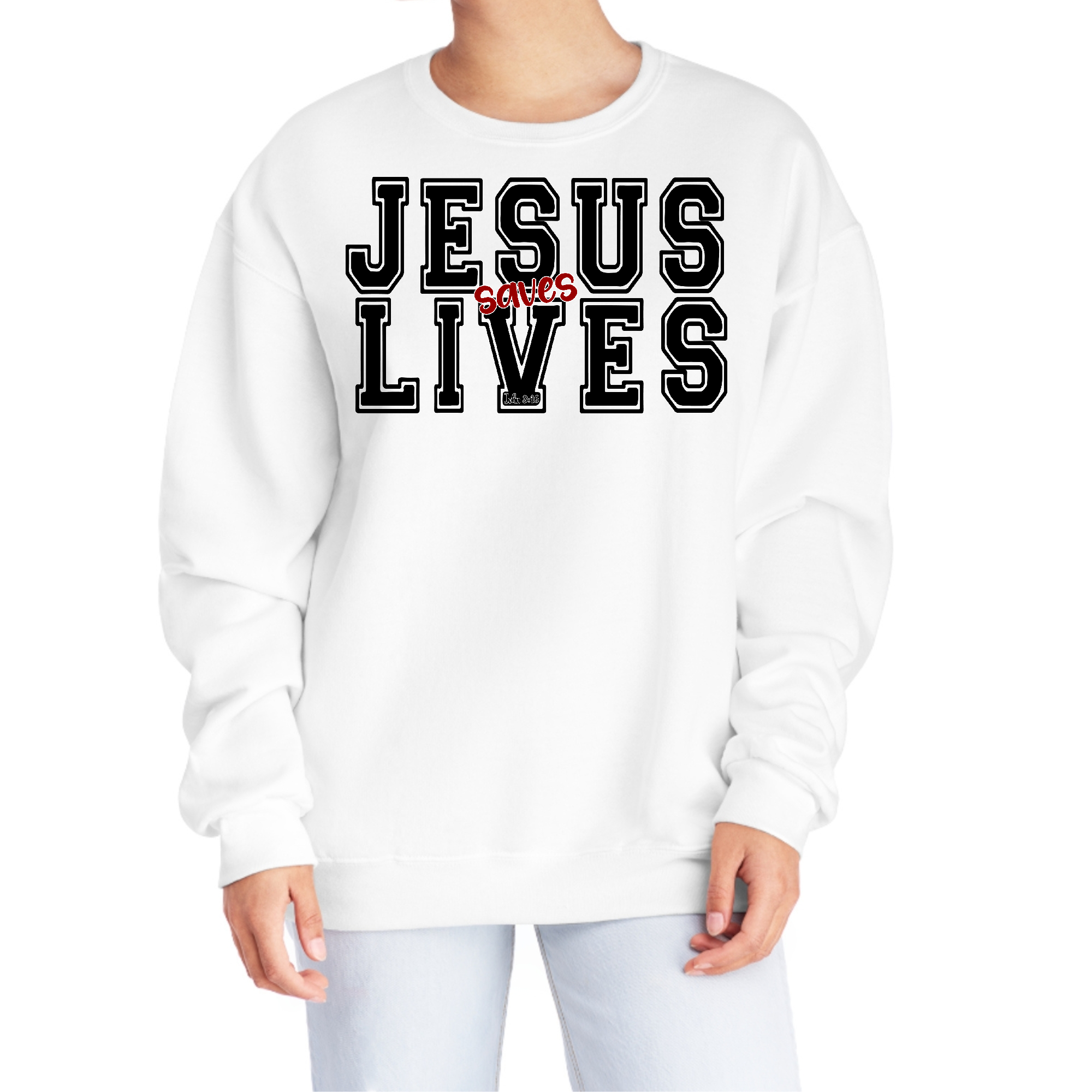 Women's graphic sweatshirt featuring 'Jesus Saves Lives' in black and red illustration, showcasing a comfortable and stylish design.